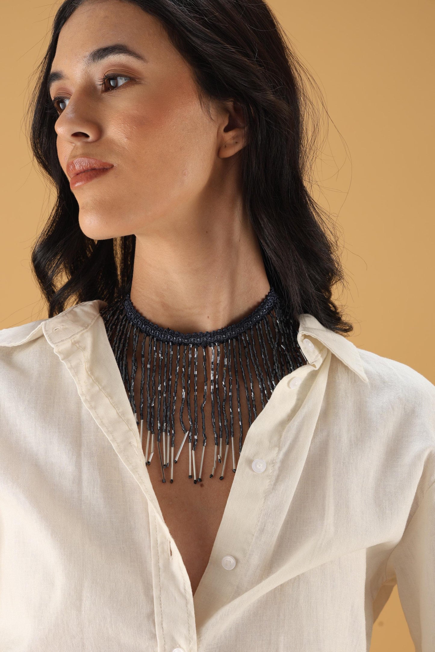 Beaded Tassel Choker Necklace Midnight Blue Crystal Statement Jewelry – Handmade Boho Festival & Evening Wear Accessory
