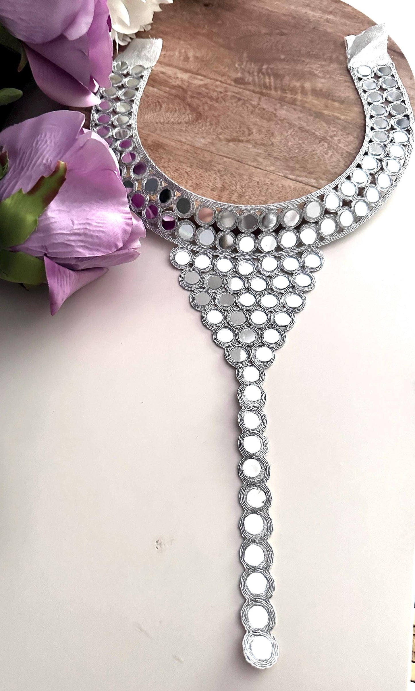 Hand Embroidered Mirror Work Neck Applique Boho Silver & Gold Body Jewelry Yoke Patch Mirror Crystal Embellishment for Dress Gown Costume