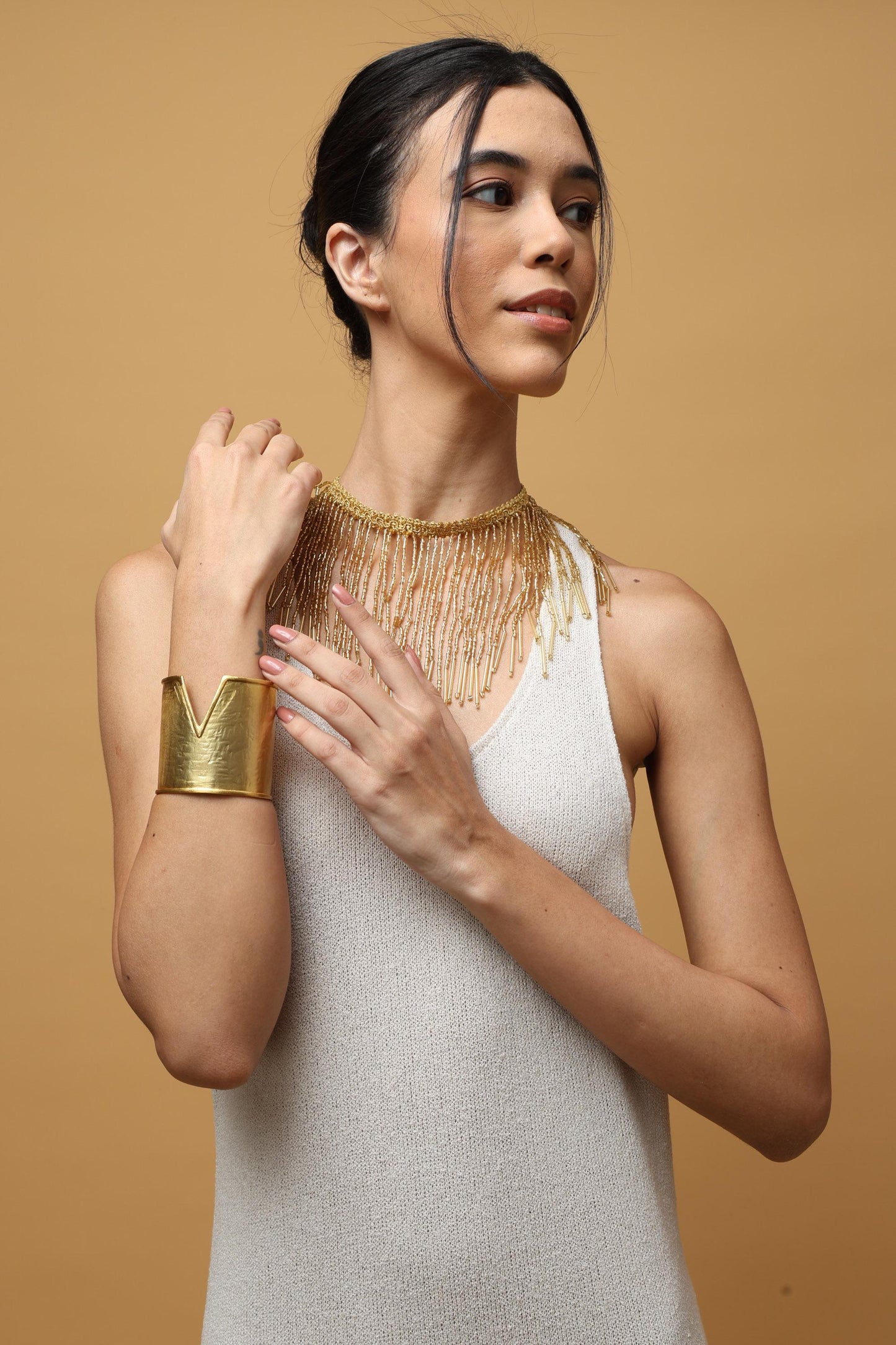 V Cut Gold Cuff Bracelet 24K Gold Plated Brass Statement Jewelry Adjustable Wide Arm Cuff Modern Bold Handmade Bracelet For Women