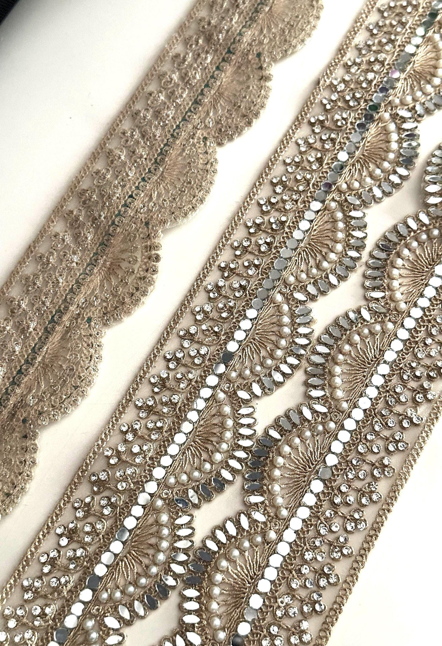 Scallop Mirror Pearl Lace Trim Gold Embroidered Bridal Border for Veils Sarees, Wedding Costumes & Decor Handmade Indian Ribbon 3 Inch