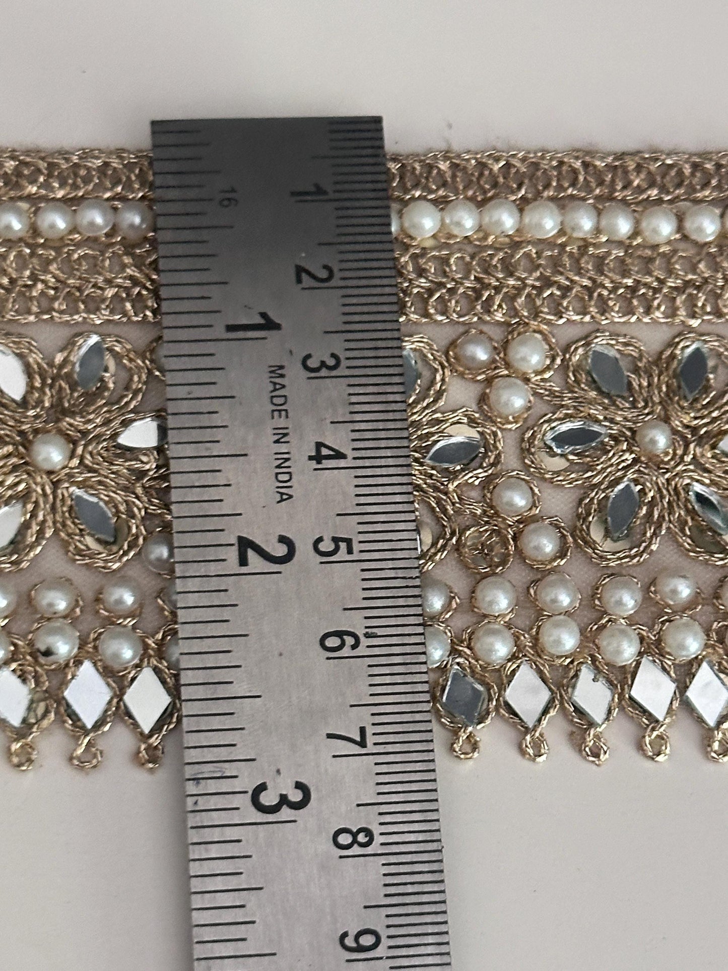 Gold Floral Pearl Trim with Mirror Work Beaded Embellished Lace Saree Border Decorative Ribbon for Saree Sewing Costumes Bridal & DIY Craft