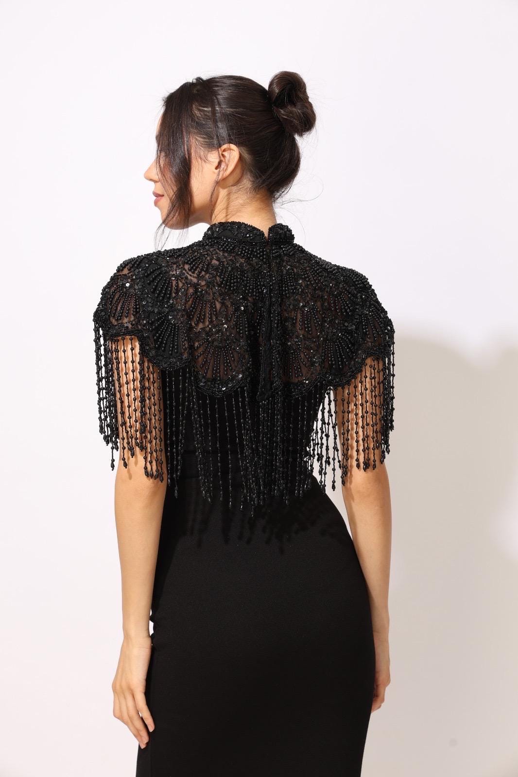 Black Embroidered Beaded Cape Handmade Pearl Fringe Capelet Gothic Bridal Cover Up Statement Shoulder Accessory Evening Dress Cape