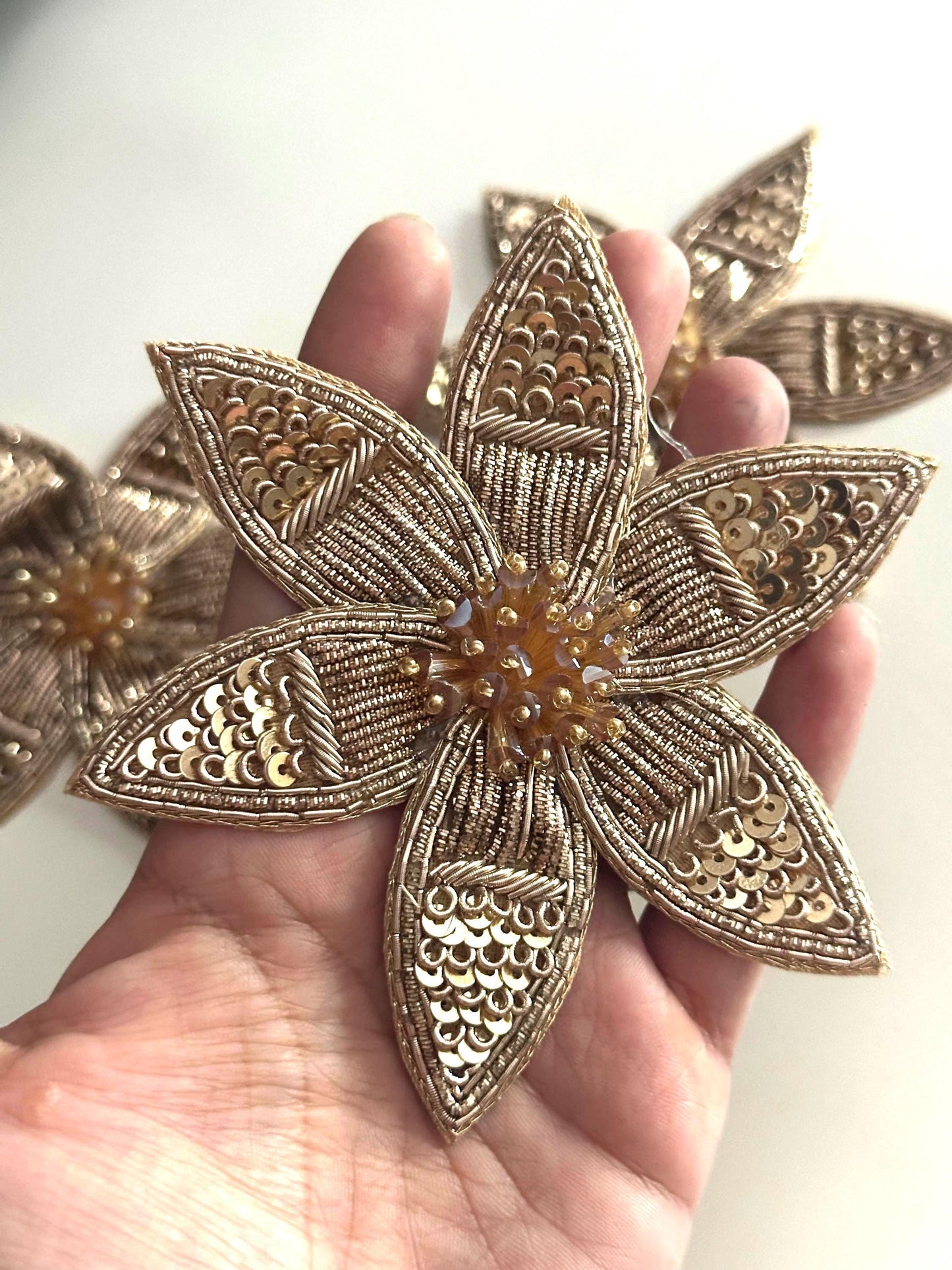 Handmade Gold Floral Embroidery Applique Beaded & Sequin Flower Patch for Clothing Upholstery Curtain Cushion Craft Decor Dress Saree Jacket