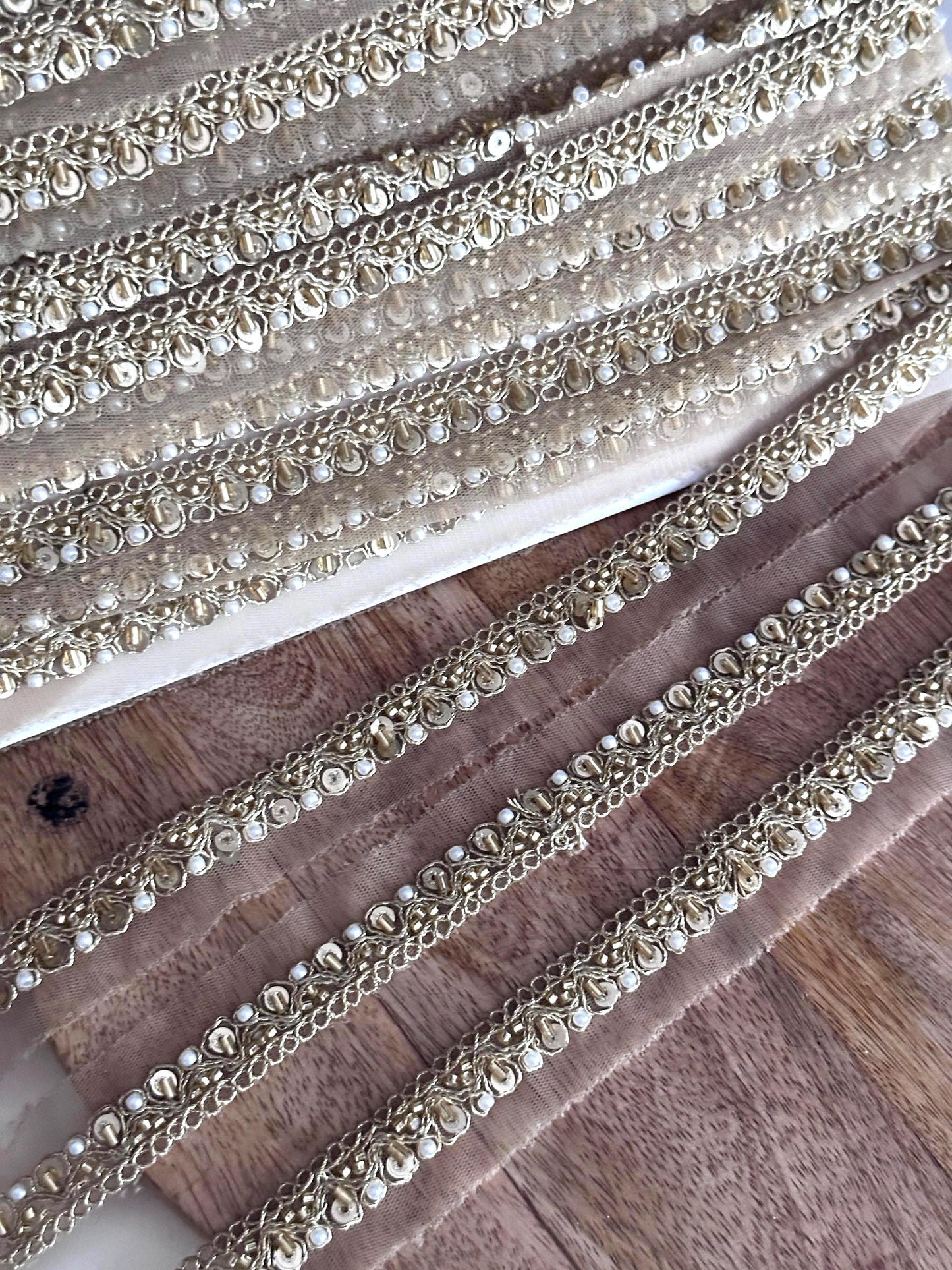 Luxury 9Yard Beaded Lace Trim Pearl & Glass Bead Cutdana Embroidery for Costume Lehengas Veil Craft Project Decor Edging Ribbon