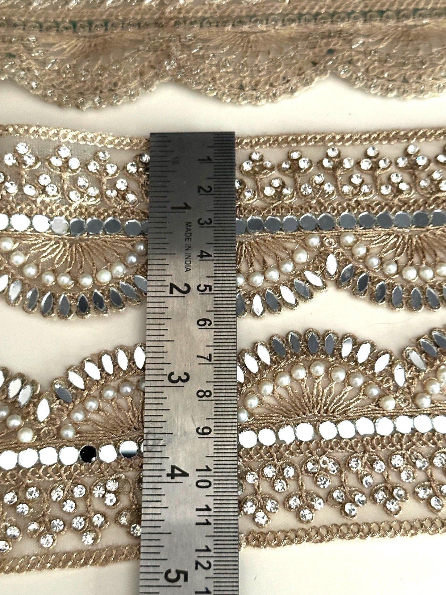Scallop Mirror Pearl Lace Trim Gold Embroidered Bridal Border for Veils Sarees, Wedding Costumes & Decor Handmade Indian Ribbon 3 Inch