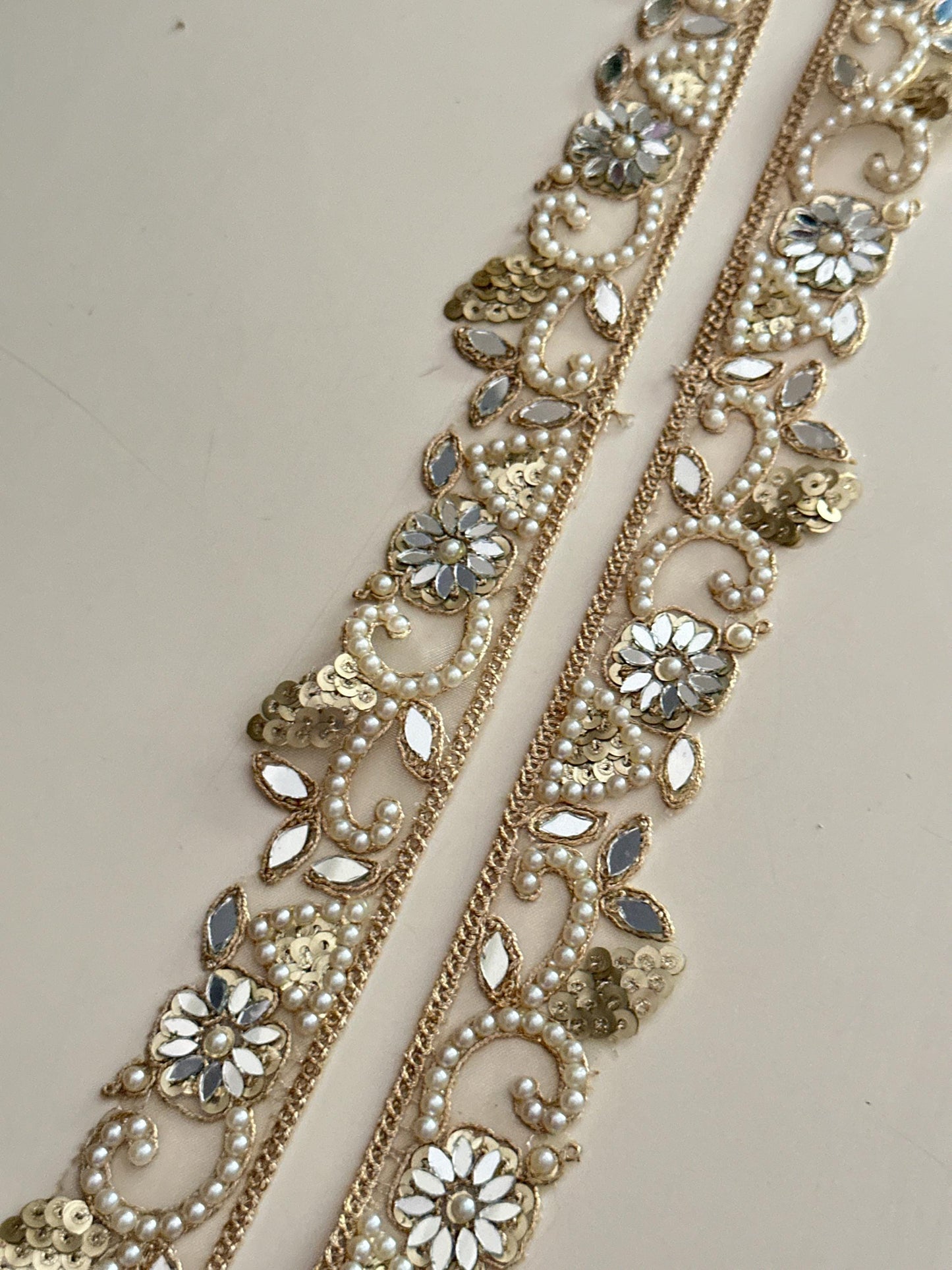 Gold Mirror Lace Trim with Pearls Floral Sequin Hand Embroidered Border for Saree Lehenga Dupatta Wedding Veil DIY Jewelry & Decor