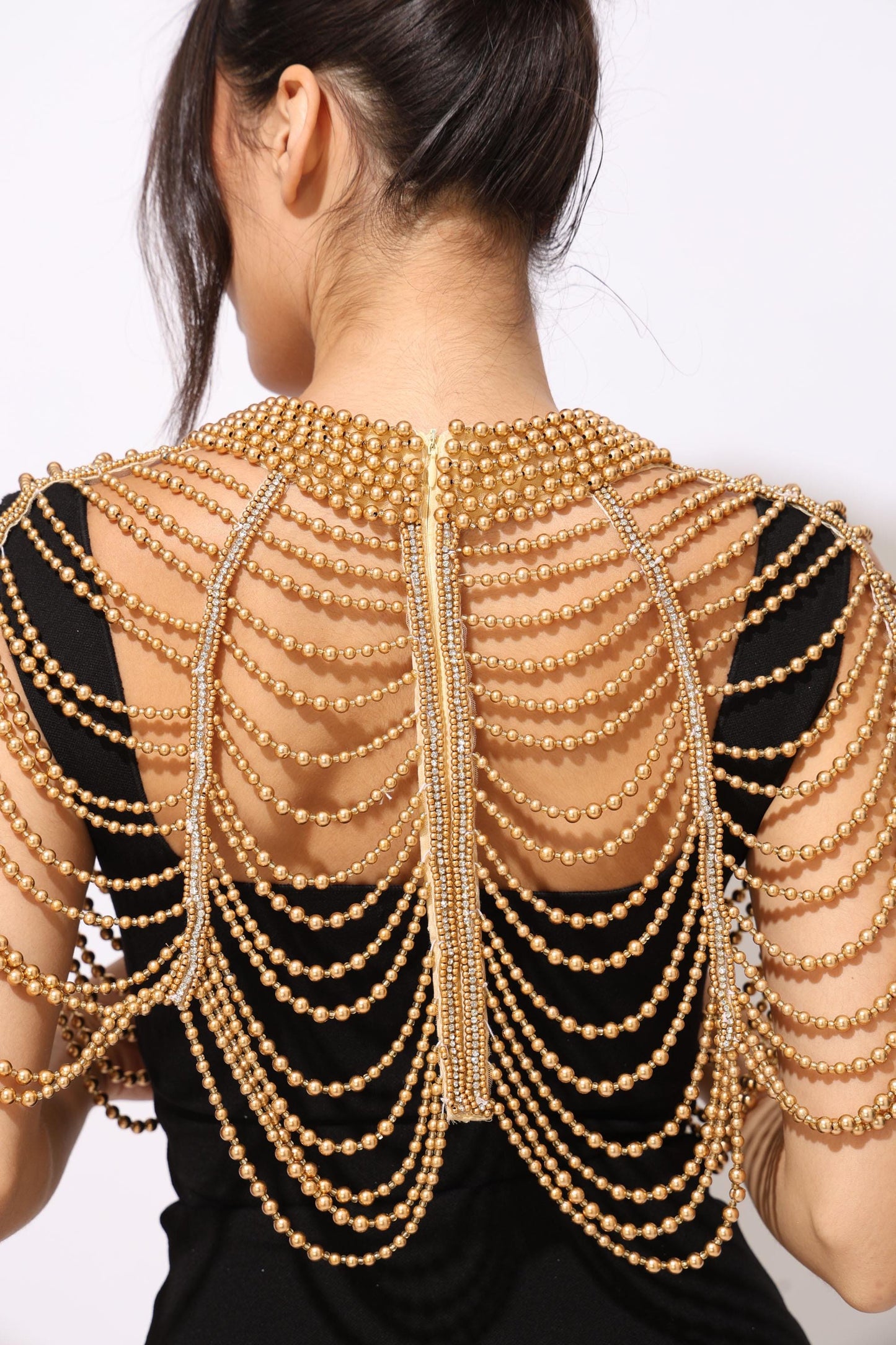 Gold Beaded Shoulder Cape Rhinestone Bridal Shoulder Jewelry Capelet Handmade Golden Fringe Cover Up for Dresses Wedding Beaded Epaulettes