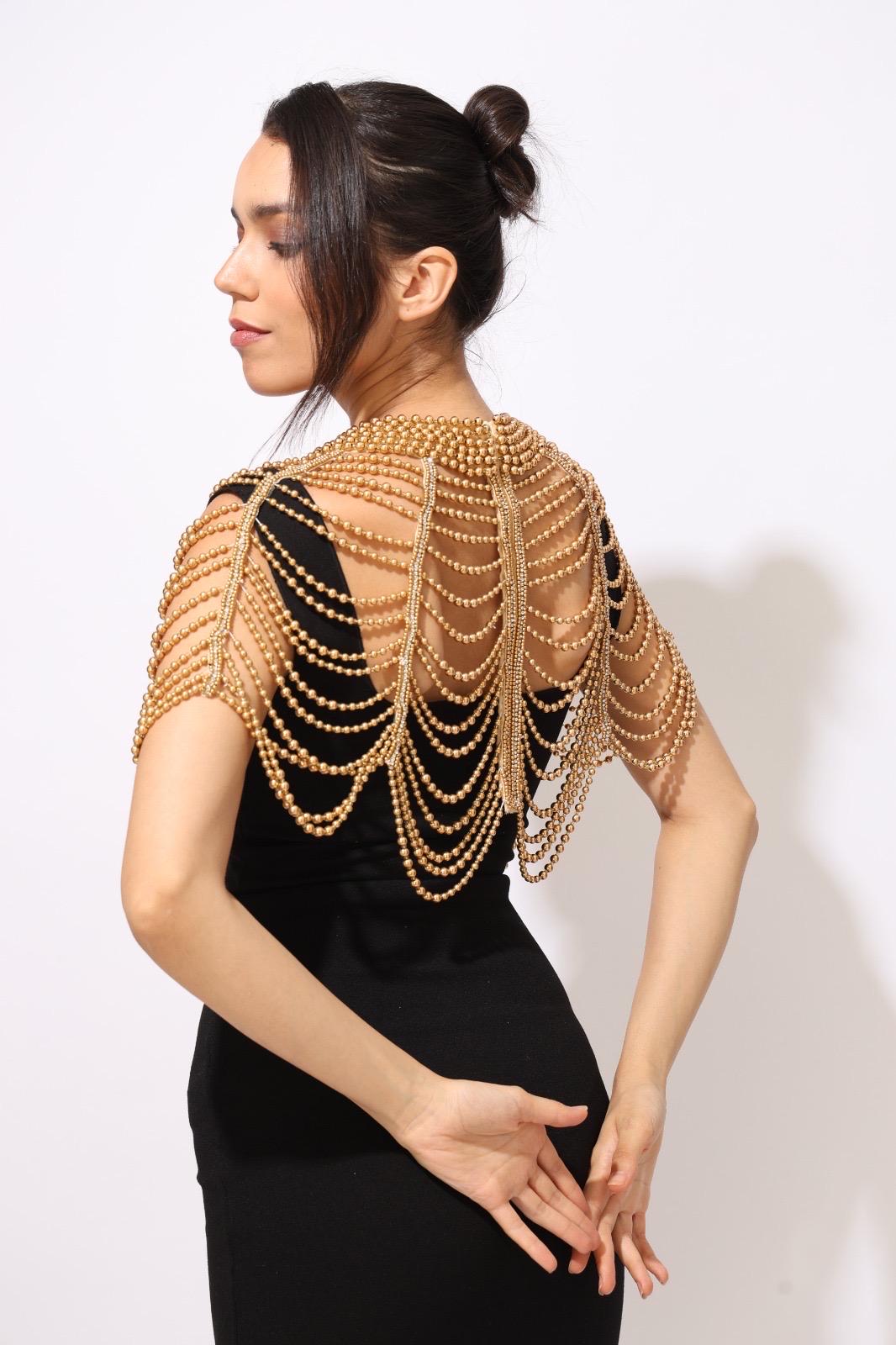 Gold Beaded Shoulder Cape Rhinestone Bridal Shoulder Jewelry Capelet Handmade Golden Fringe Cover Up for Dresses Wedding Beaded Epaulettes