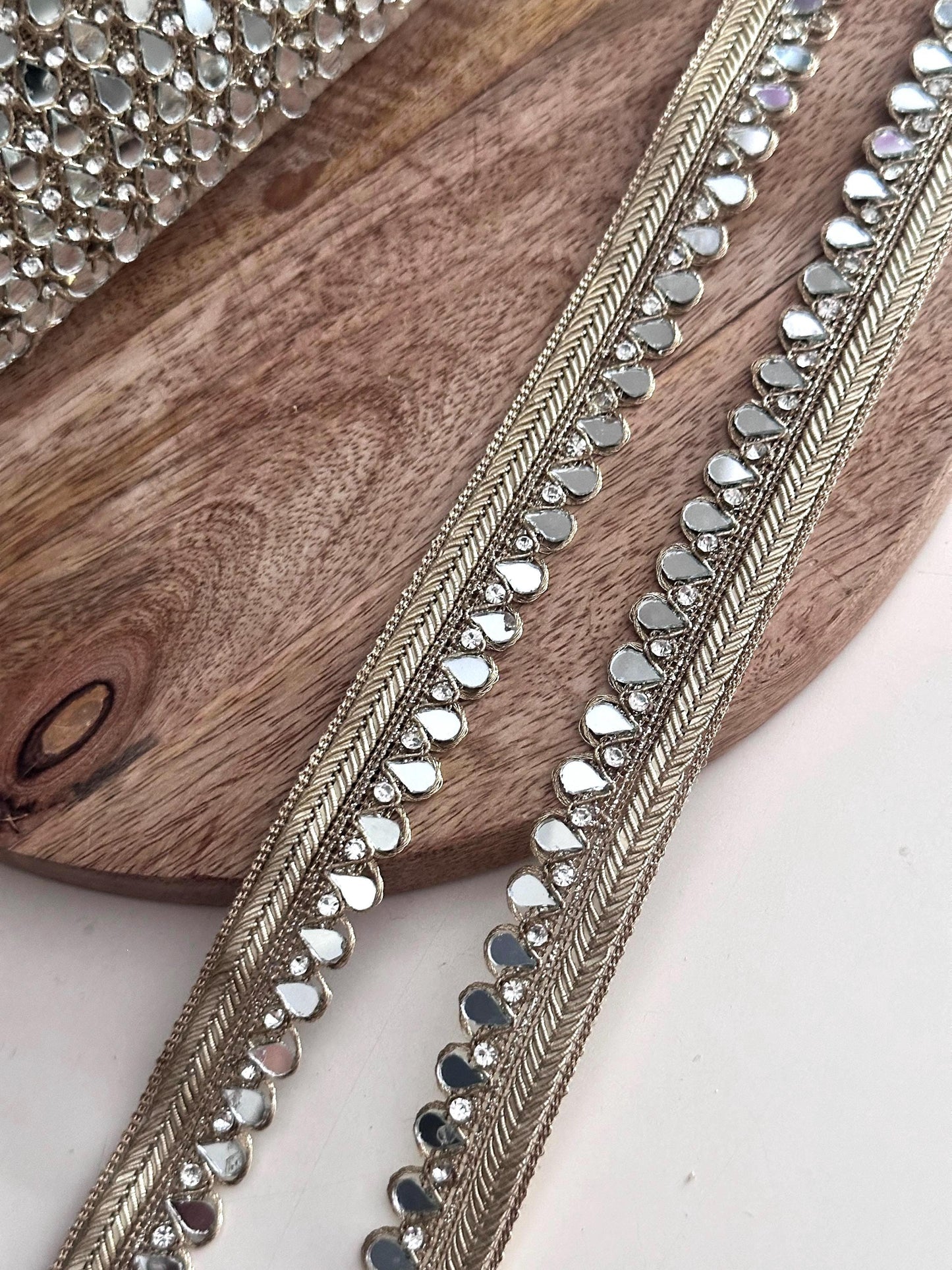 Gold Mirror Drop Border Trim Teardrop Mirror Lace with Crystal Stones Indian Embroidery Trim for Saree Lehenga Dupatta DIY Belts & Potli Bag