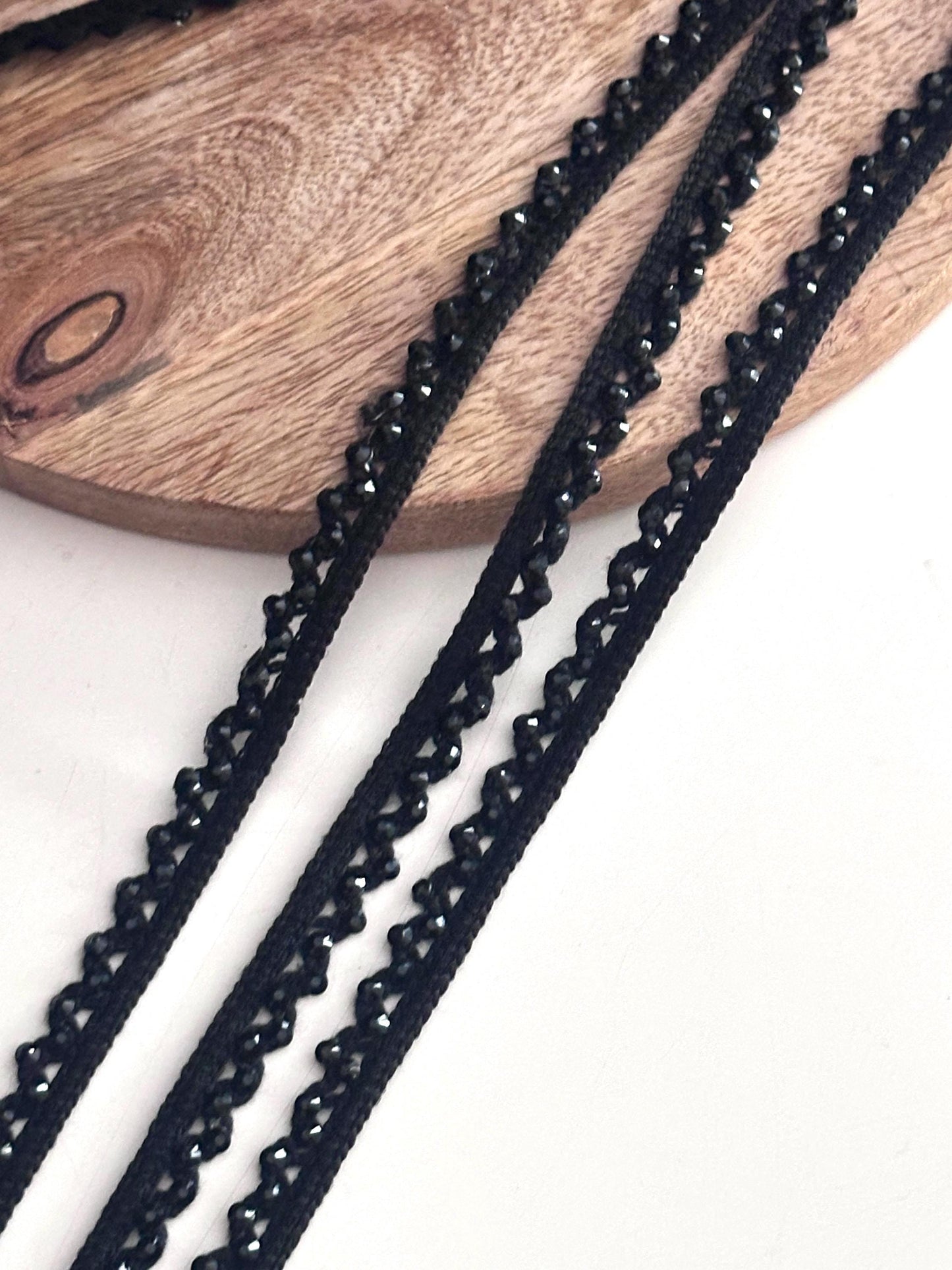 Black Crystal Beaded Lace Trim Sparkling Bridal Veil Ribbon Border Edging for Dress Saree DIY Craft Gothic & Partywear Sewing Trim 9mtrs