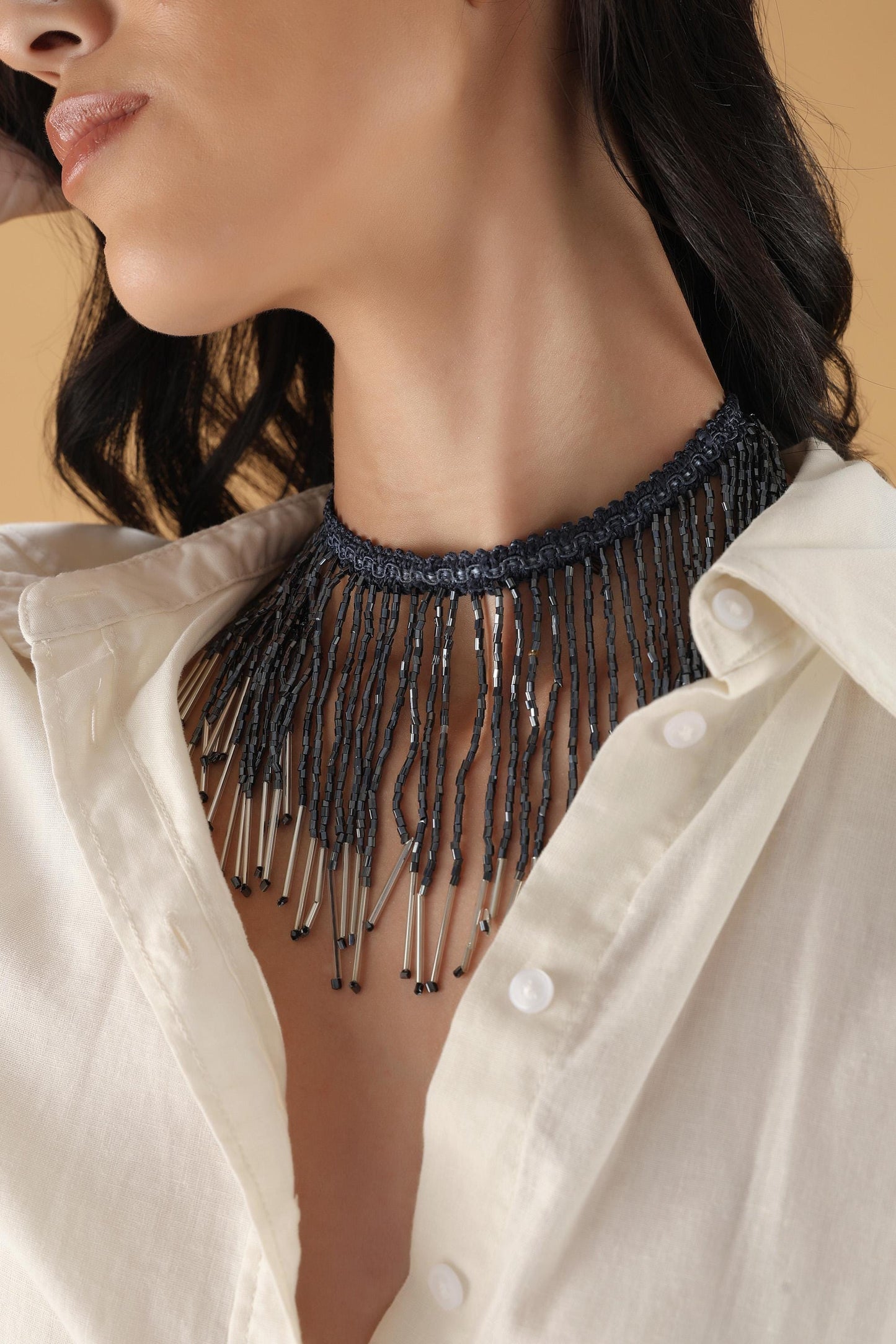 Beaded Tassel Choker Necklace Midnight Blue Crystal Statement Jewelry – Handmade Boho Festival & Evening Wear Accessory