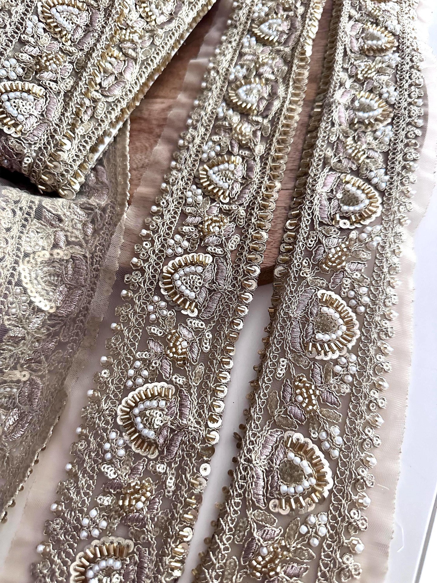 Luxury Hand Embroidered Pearl Sequin Trim Gold Zardozi Lace Border for Saree Dupatta Bridal Veil Lehenga & Wedding Dress Indian Craft Ribbon