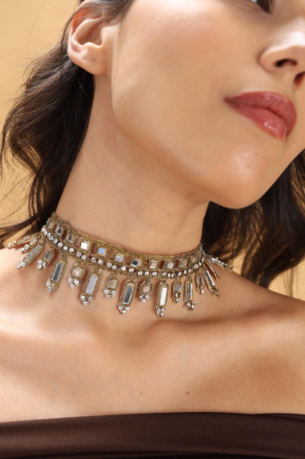 Handmade Mirror Choker with Silver Rhinestones Gold Statement Necklace with Crystal Drops Boho Festival & Evening Wear Jewelry