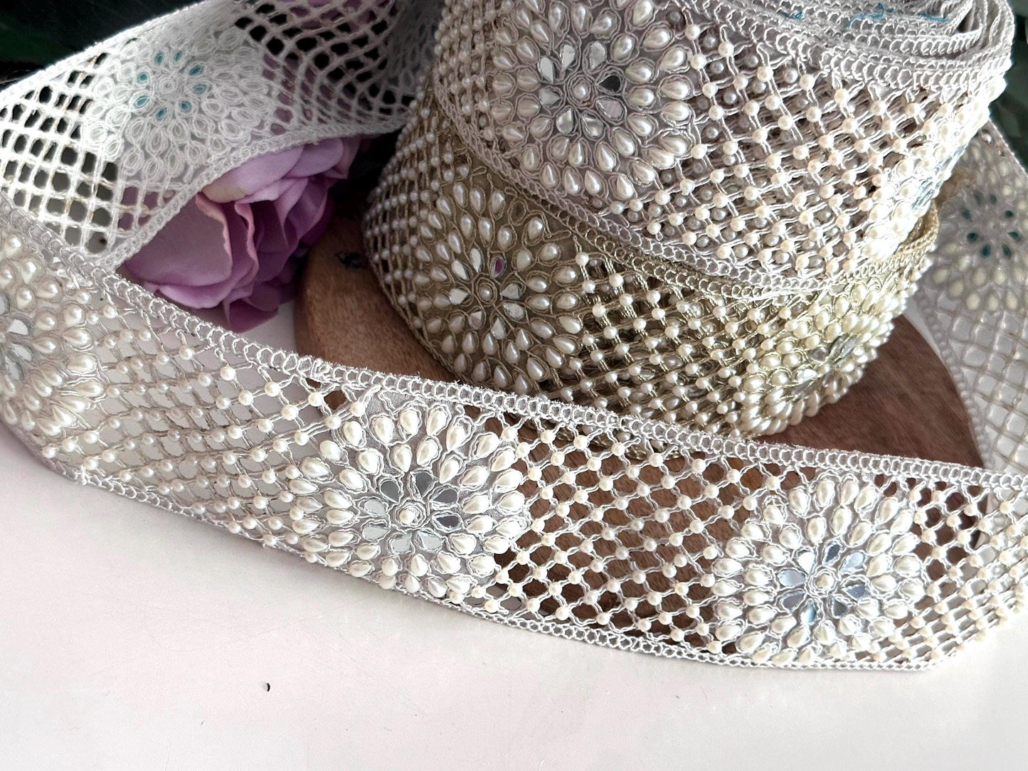Hand Embroidered Pearl Beaded Trim Bridal Saree Border Lace Wedding Dress Applique Pearl Mesh Lace for Gowns Lehenga Veil Crafting Lace
