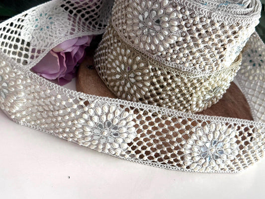 Embroidered Pearl Beaded Trim Silver Gold