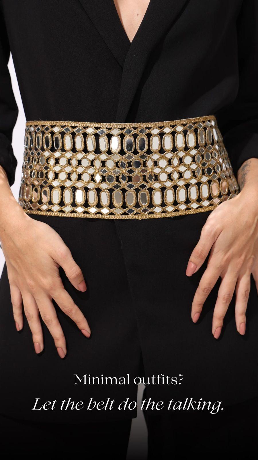 Mirror Work Statement Waist Belt Jewelry for Dress Saree Jumpsuit Embellished Mirror Crystal Waistband Festive Wedding Accessory Belt