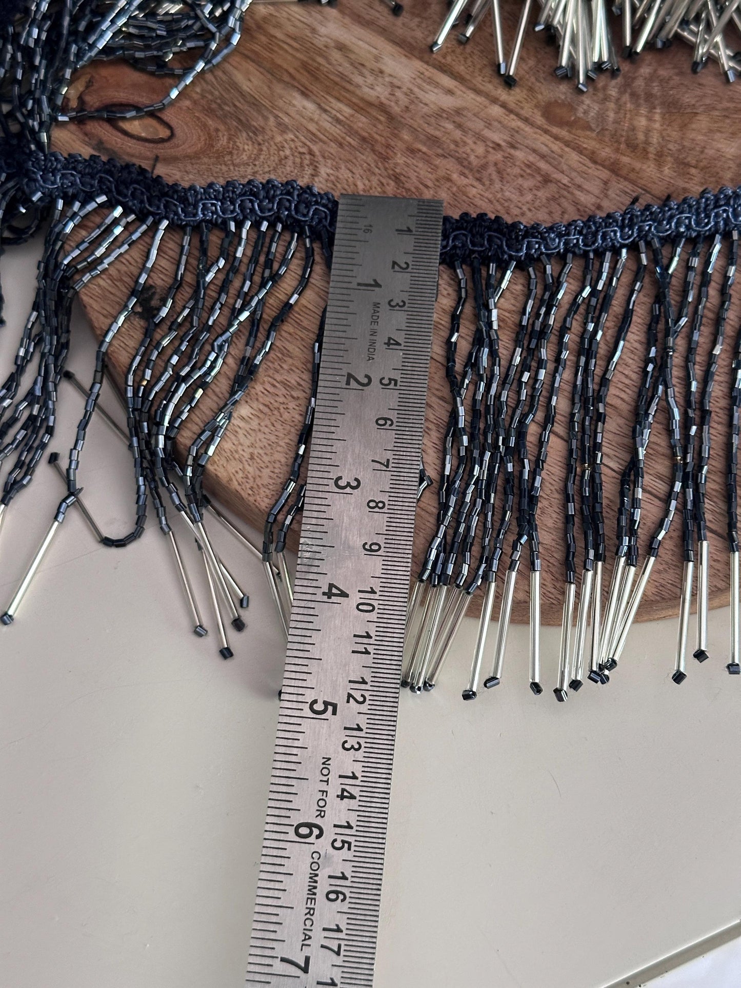 Blue Beaded Fringe Trim with Silver Bugle Beads 5.5inch Tassel Lace for Beaded Jewelry Dress Belly Dance DIY Costume Jacket Home Decor