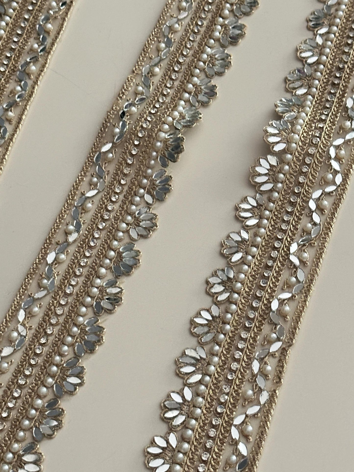 Floral Mirror Pearl Lace Trim Zircon Rhinestone Thin Embroidered Gold Border for Jewelry Costume Veils & Blouses 1 Inch Craft Ribbon India