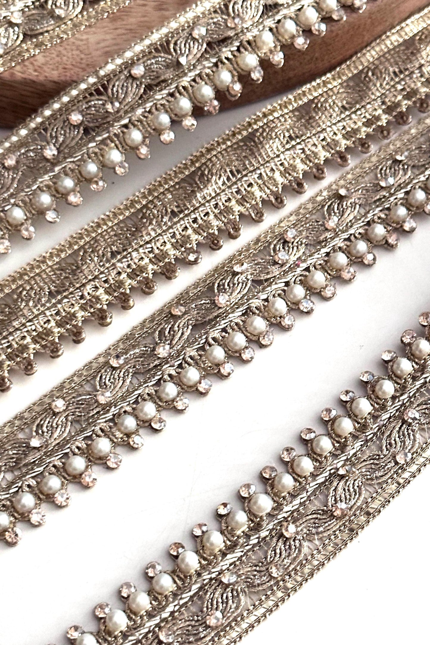 Gold Pearl Beaded Trim Embroidered Lace Saree Border Wedding Dress Trim