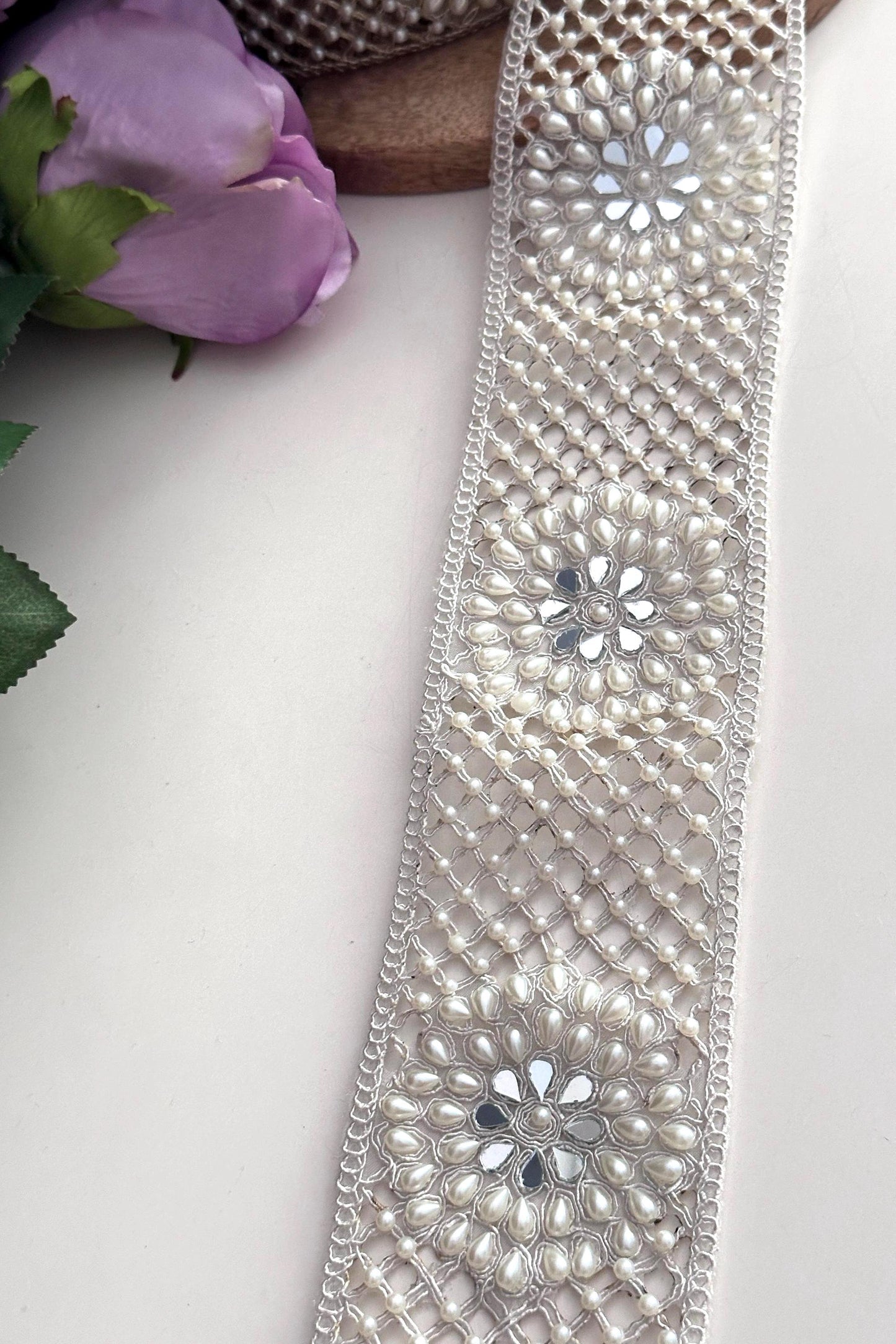 Hand Embroidered Pearl Beaded Trim Bridal Saree Border Lace Wedding Dress Applique Pearl Mesh Lace for Gowns Lehenga Veil Crafting Lace