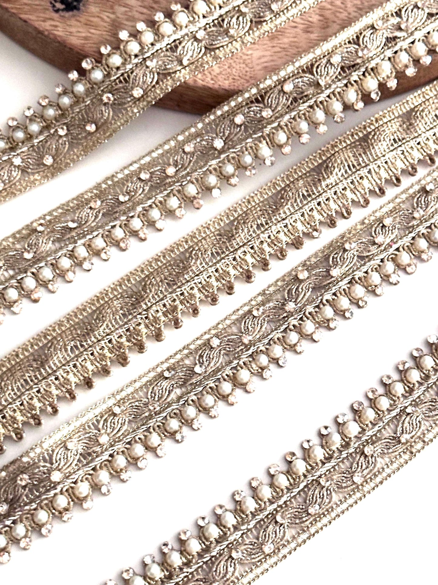 Gold Pearl Beaded Trim Embroidered Lace Saree Border Wedding Dress Trim