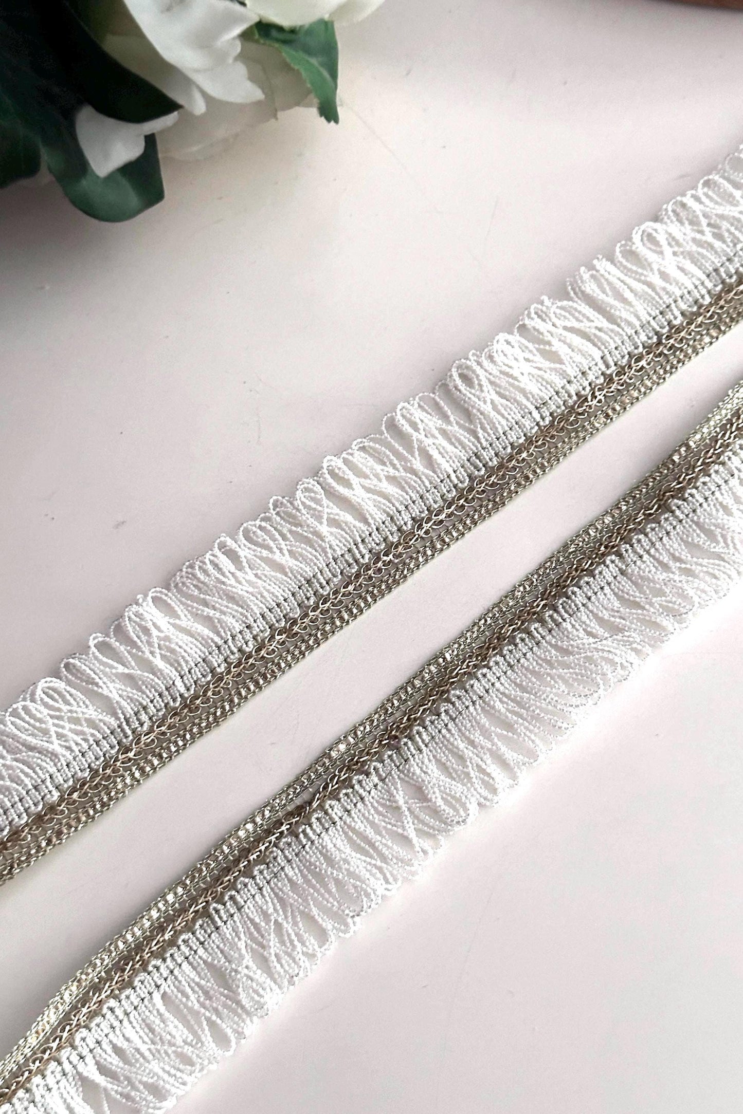 White & Gold boho Fringe Trim Loop Ribbon Metallic Curtain Edging Lace