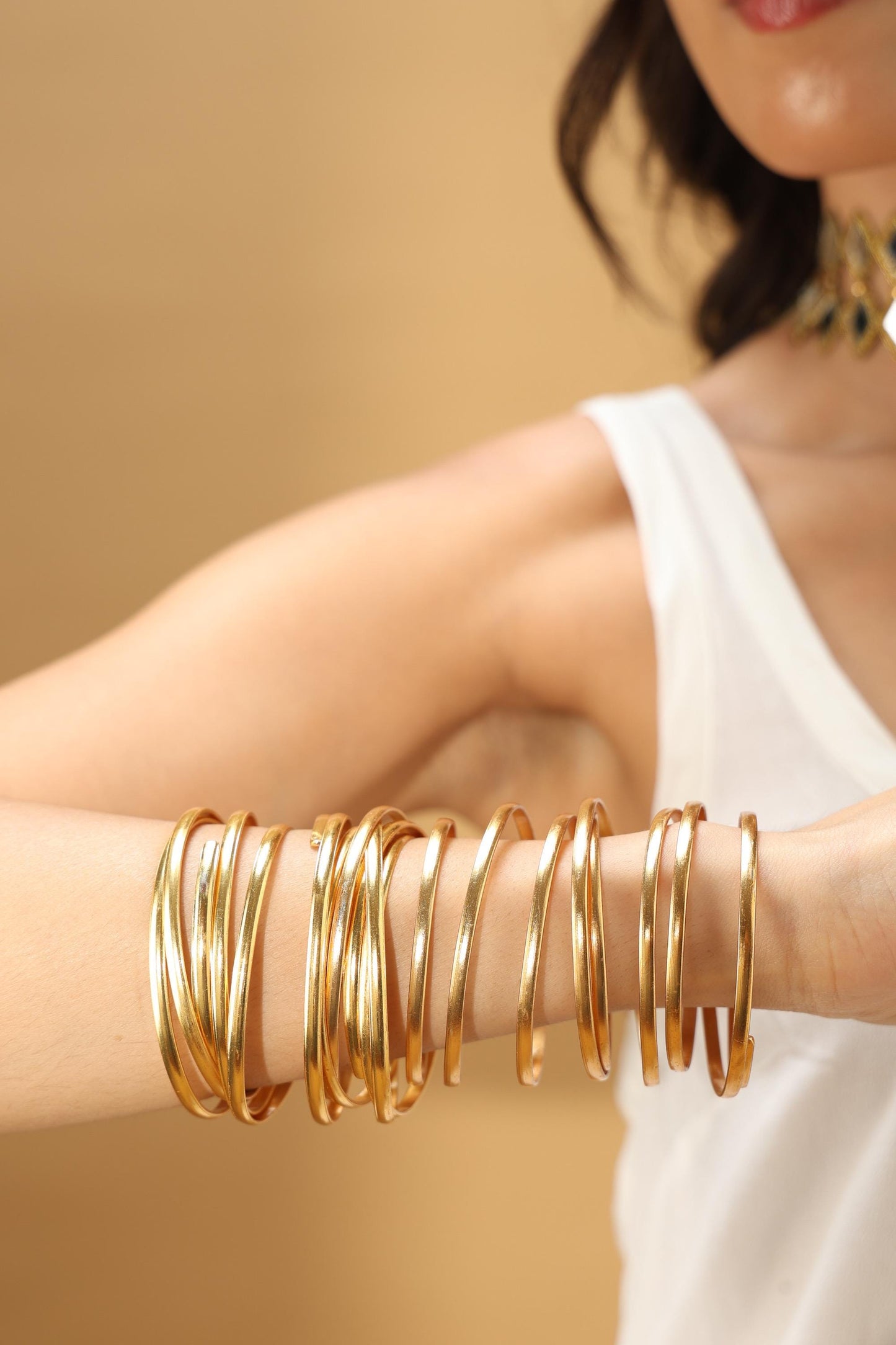 Gold Spiral Bracelet 24K Gold Plated Brass Armlet Adjustable Cuff Bold Statement Arm Jewelry Modern Coil Bangle Handmade Fashion Accessory