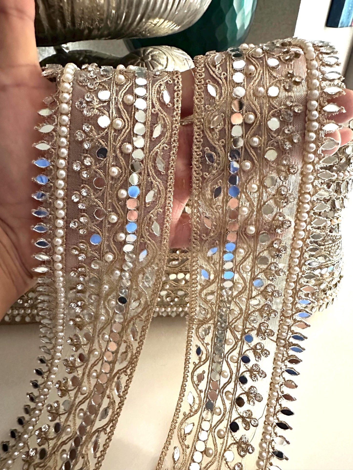 Pearl Mirror Lace Trim Zircon Gold Zari Embroidered Border for Saree, Dress, Decor Indian Wedding Veil Costume Ribbon 2 Inch Net Trim