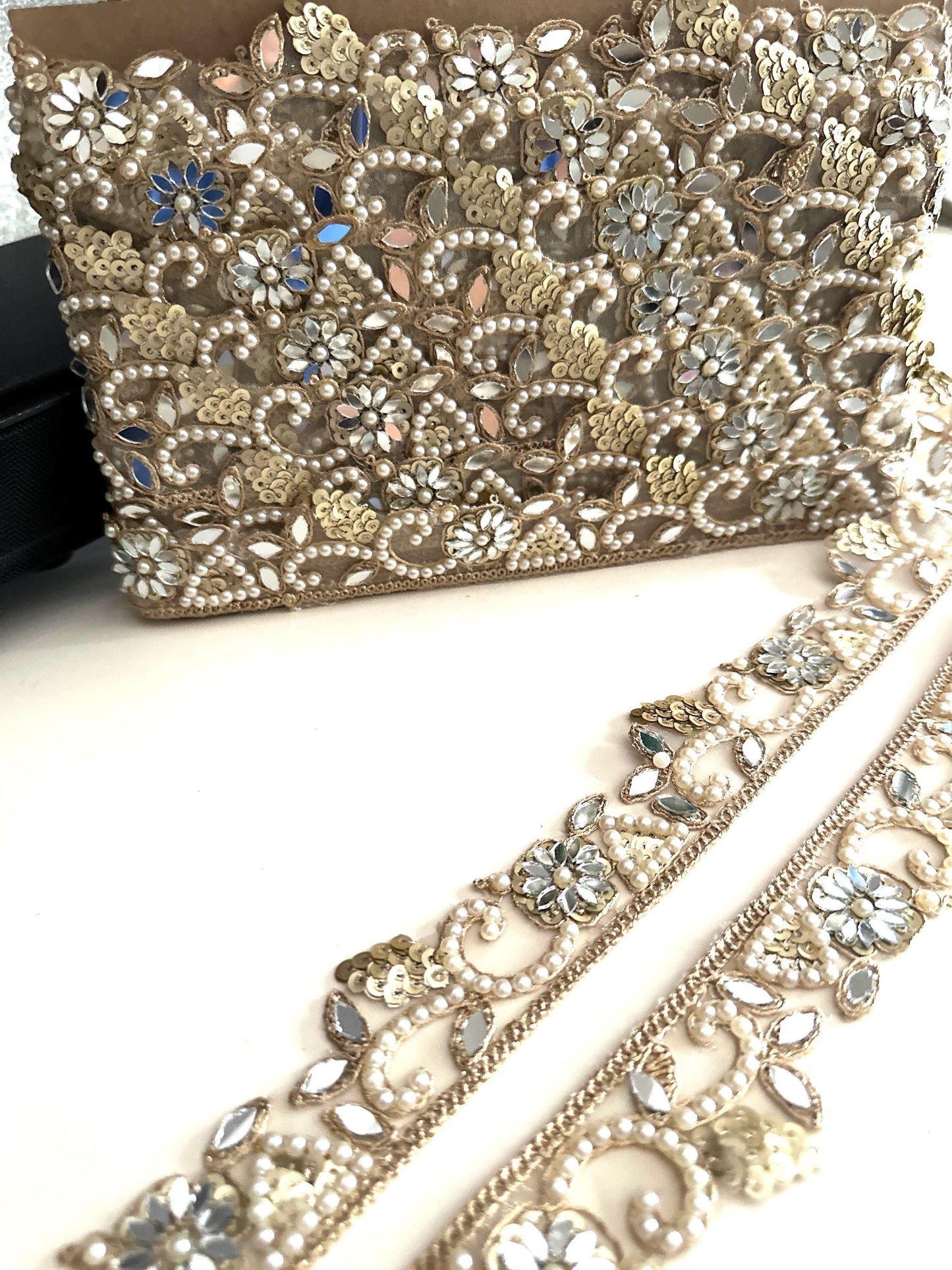 Gold Mirror Lace Trim with Pearls Floral Sequin Hand Embroidered Border for Saree Lehenga Dupatta Wedding Veil DIY Jewelry & Decor