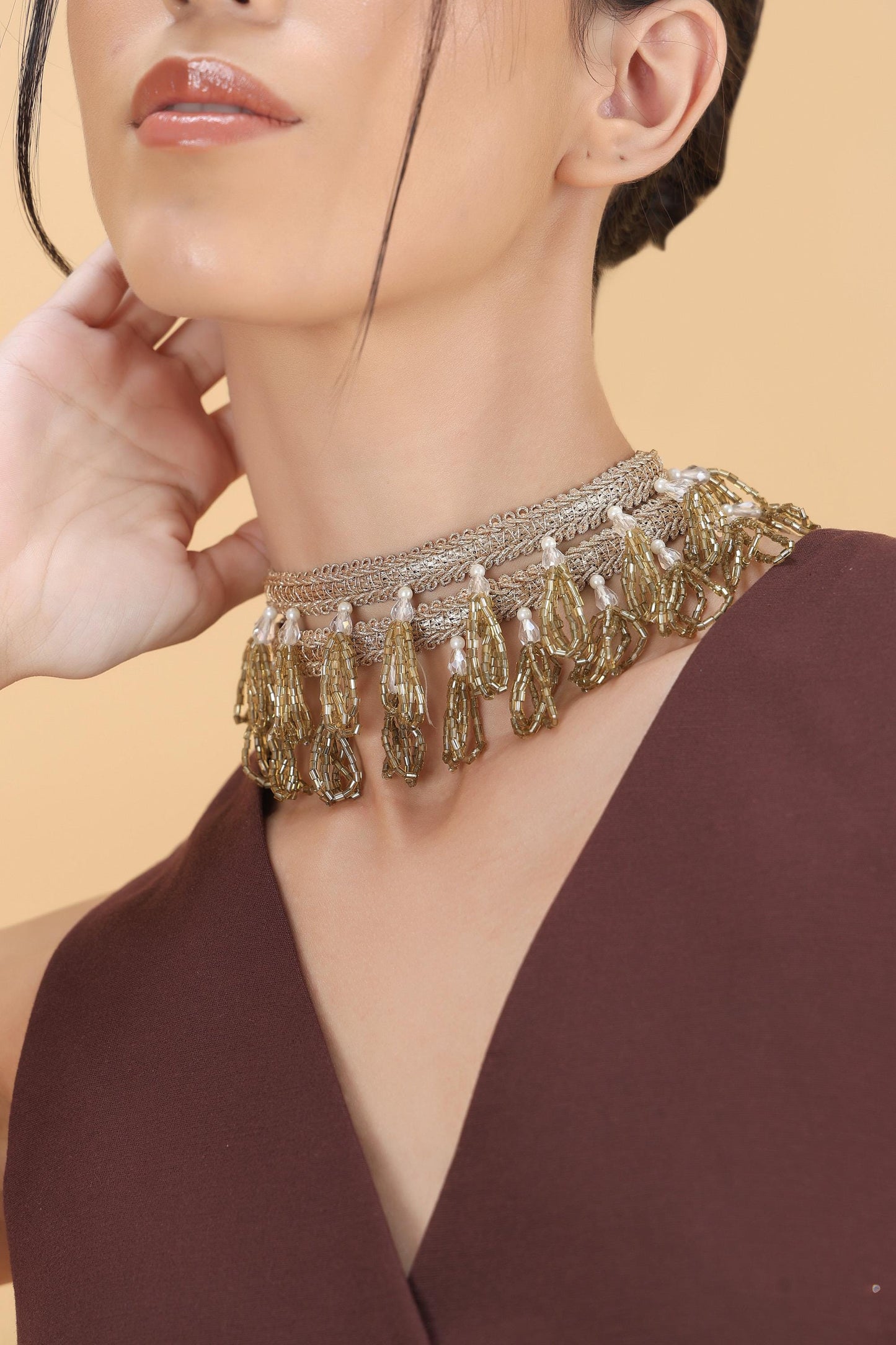 Artisanal Choker Necklace Intricate Beaded Crystal Band with Drops Couture Handmade Jewlry Smart Gift For Her