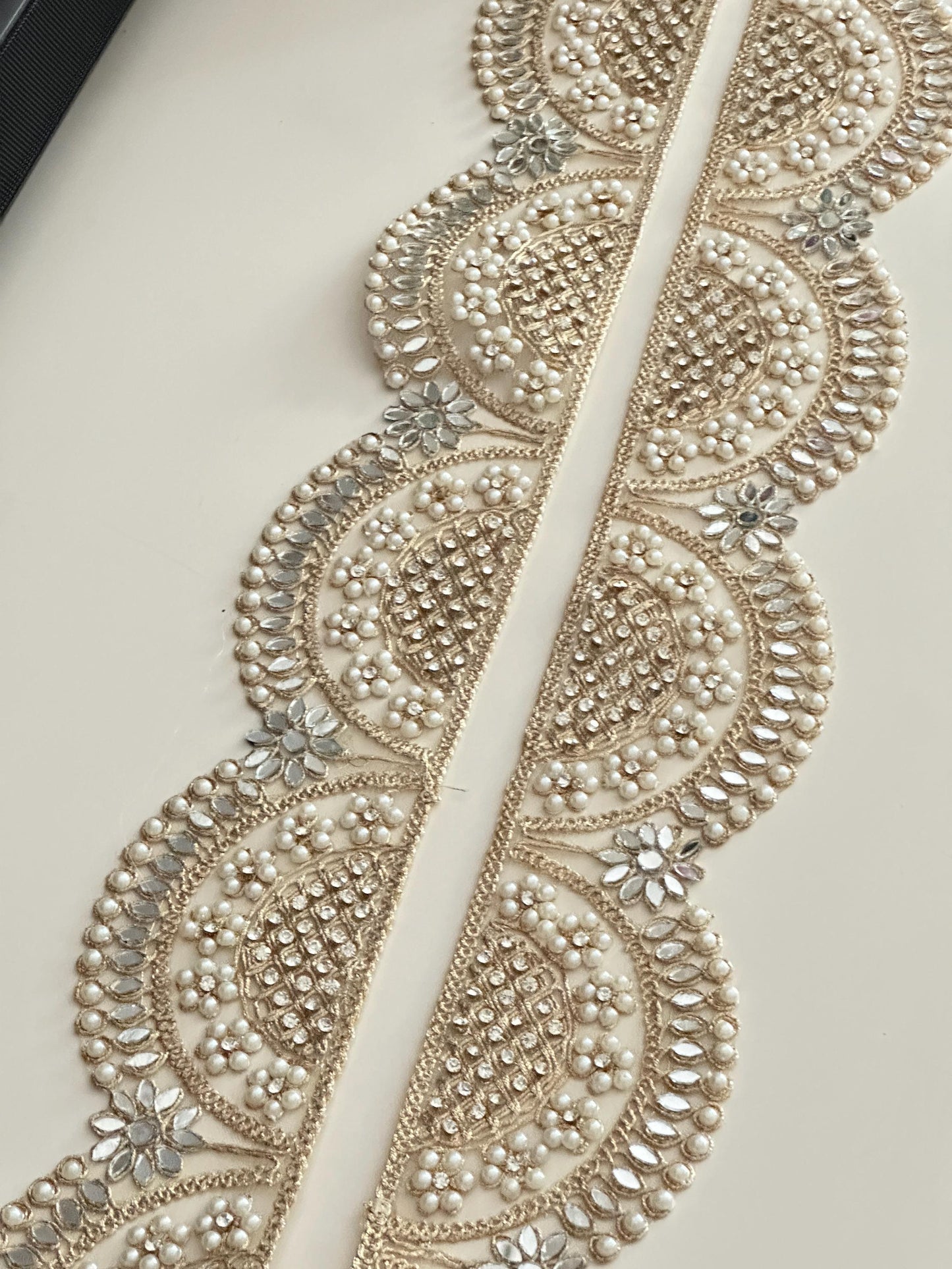 Scalloped Pearl Mirror Lace Trim Wide Gold Embroidered Border for Veils Saree DIY Bridal Decor Designer Indian Craft Ribbon Broad lace