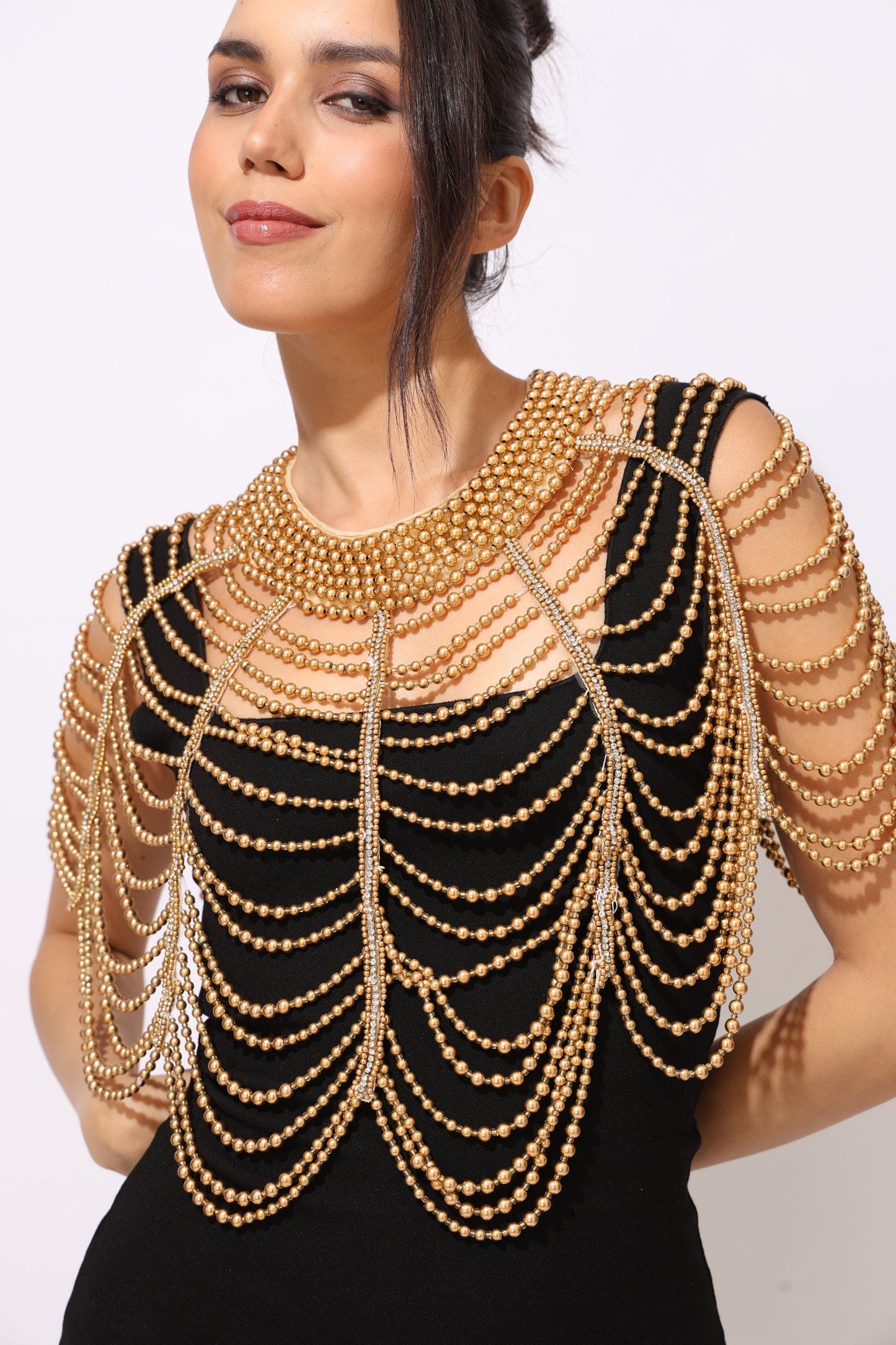 Gold Beaded Shoulder Cape Rhinestone Bridal Shoulder Jewelry Capelet Handmade Golden Fringe Cover Up for Dresses Wedding Beaded Epaulettes