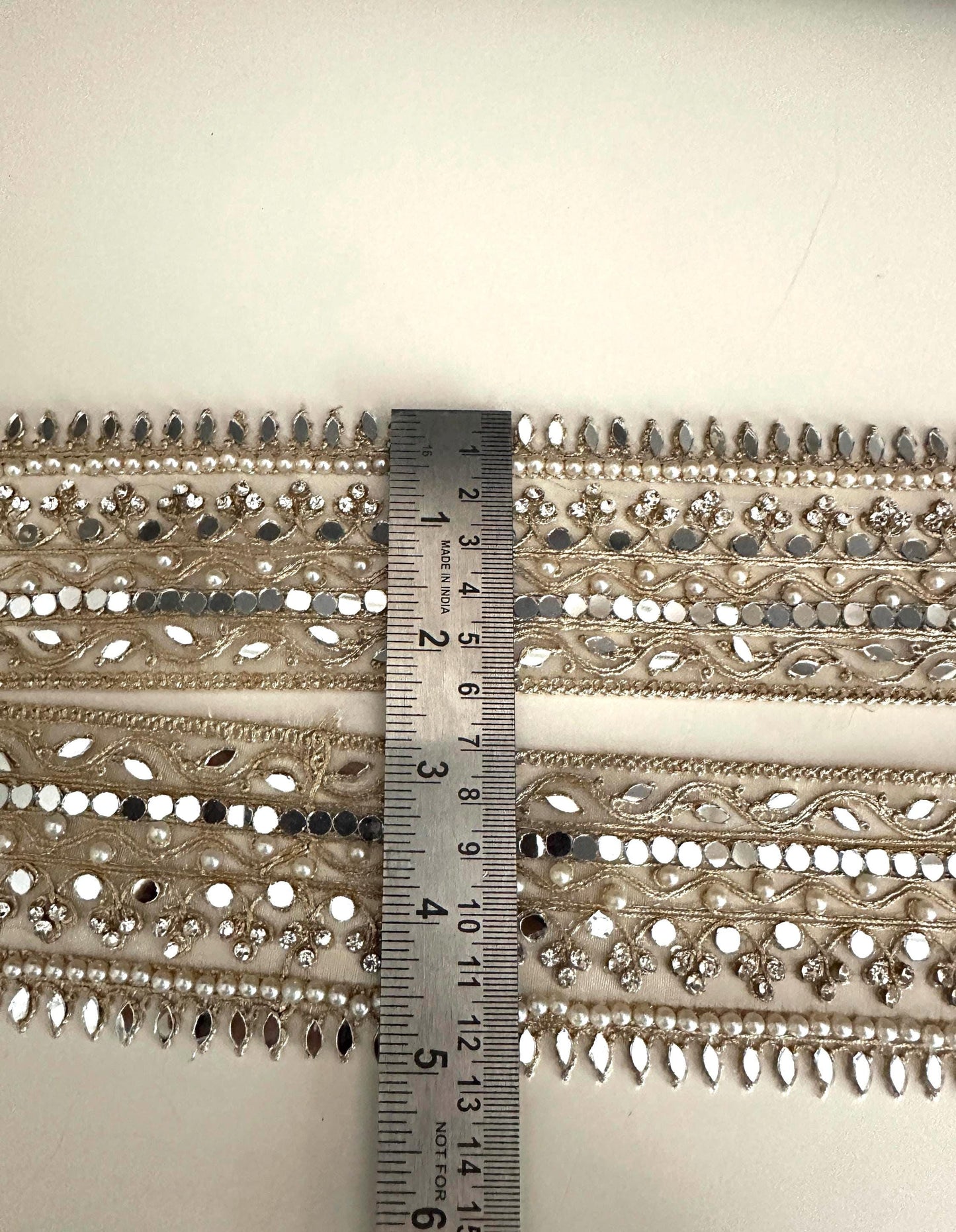 Pearl Mirror Lace Trim Zircon Gold Zari Embroidered Border for Saree, Dress, Decor Indian Wedding Veil Costume Ribbon 2 Inch Net Trim
