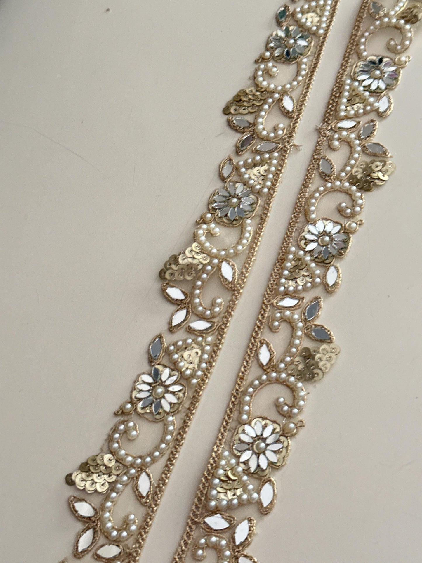 Gold Mirror Lace Trim with Pearls Floral Sequin Hand Embroidered Border for Saree Lehenga Dupatta Wedding Veil DIY Jewelry & Decor