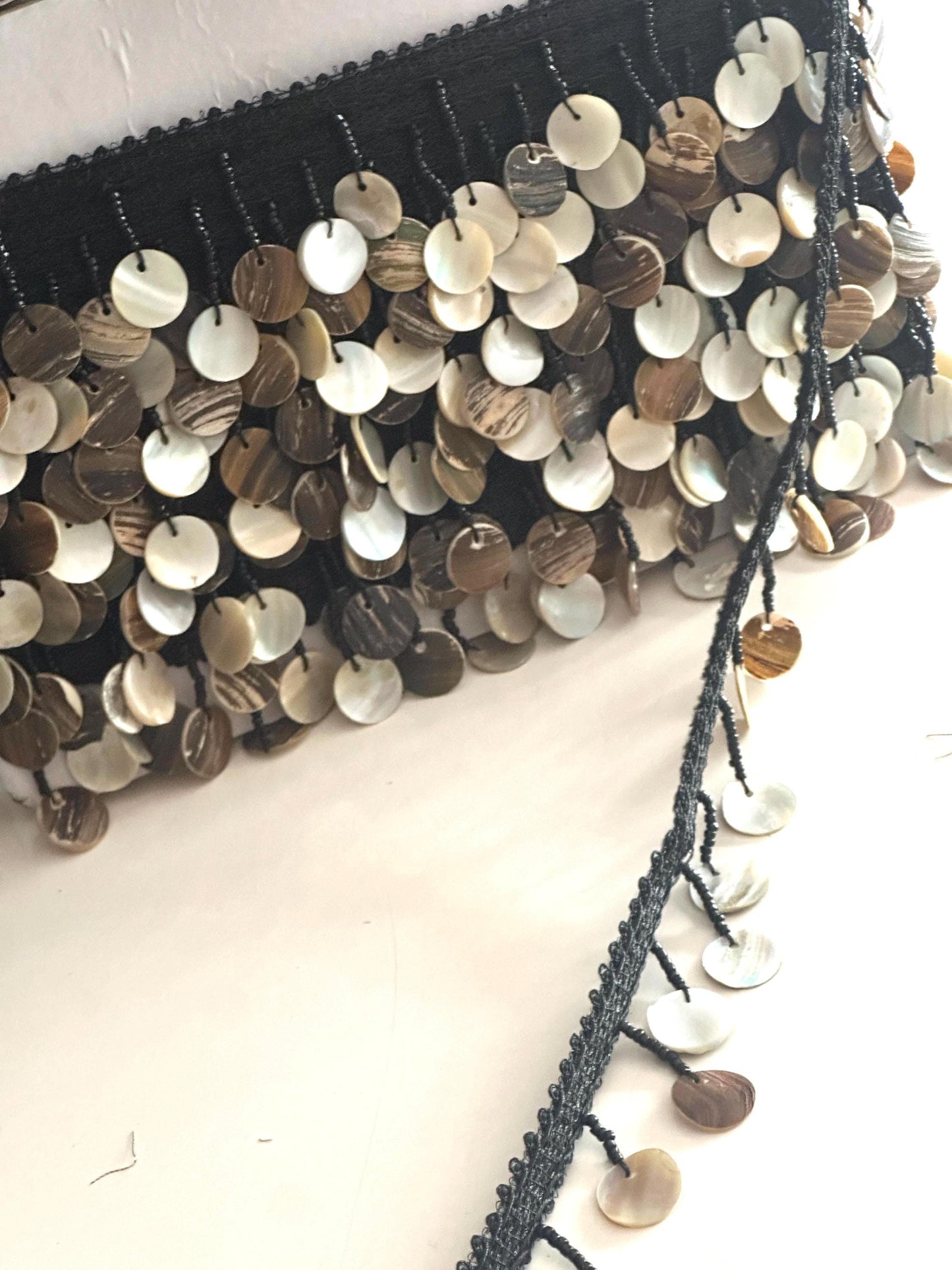 Handmade Macrame Lace with Shell Sequins Boho Resortwear Jewelry Trim for Kaftans Dresses, Beach Cover-Ups & DIY Fashion