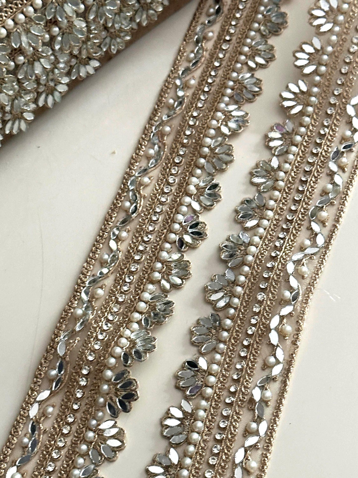 Floral Mirror Pearl Lace Trim Zircon Rhinestone Thin Embroidered Gold Border for Jewelry Costume Veils & Blouses 1 Inch Craft Ribbon India