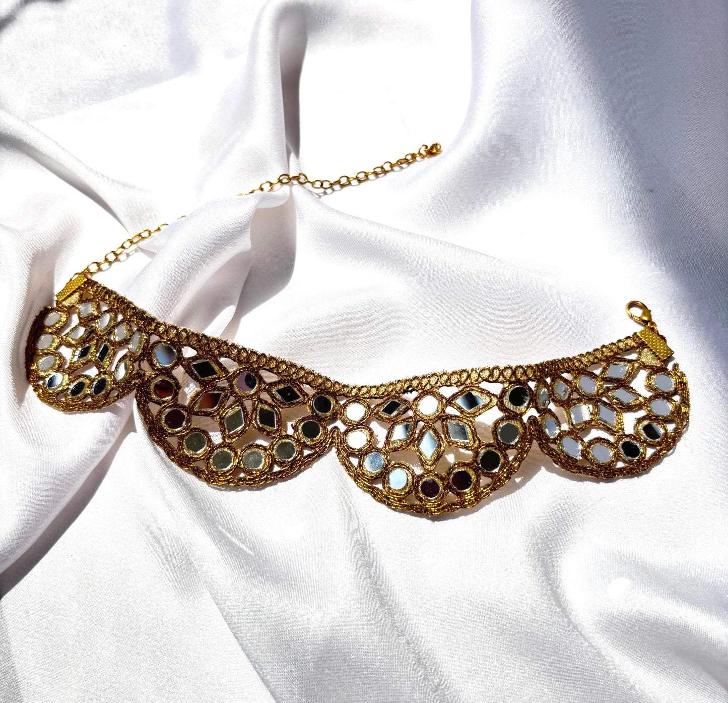 Gold Gothic Lace Choker –Handmade Mirror Adjustable Statement Necklace – Romantic Victorian Jewelry – Gift for Her – Elegant Party Accessory