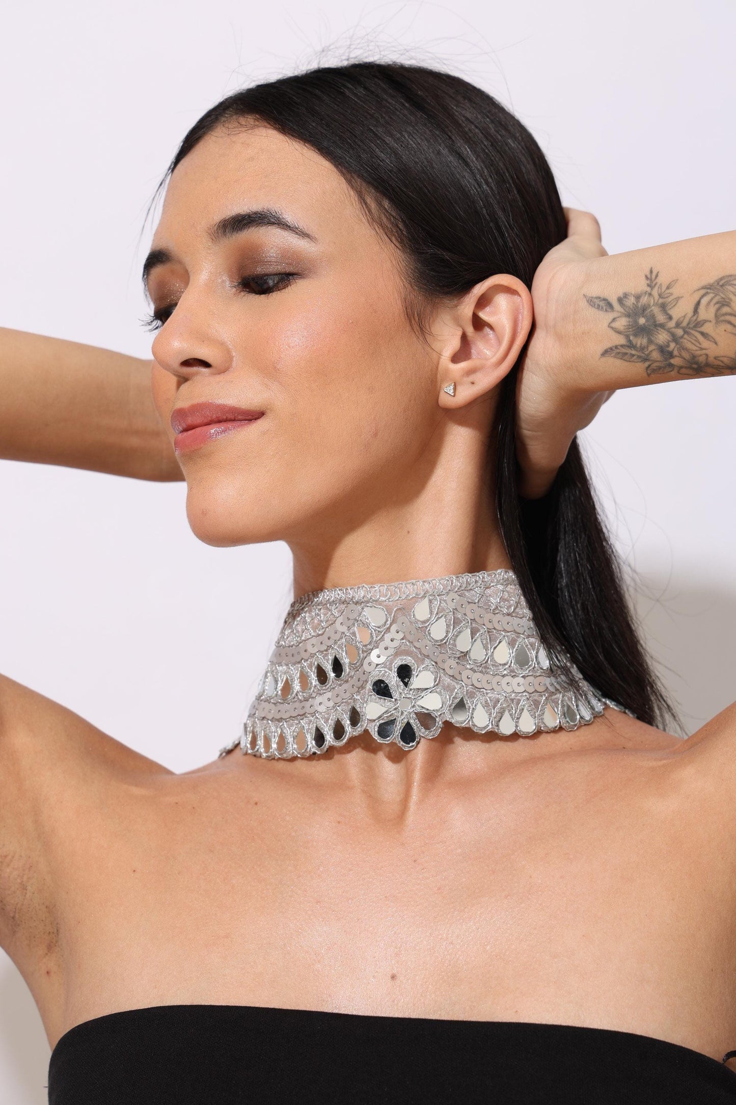 Silver Gothic Lace Choker –Mirror Crystal Handmade Statement Necklace – Adjustable Fabric Party Jewelry for Women – Gift for Her