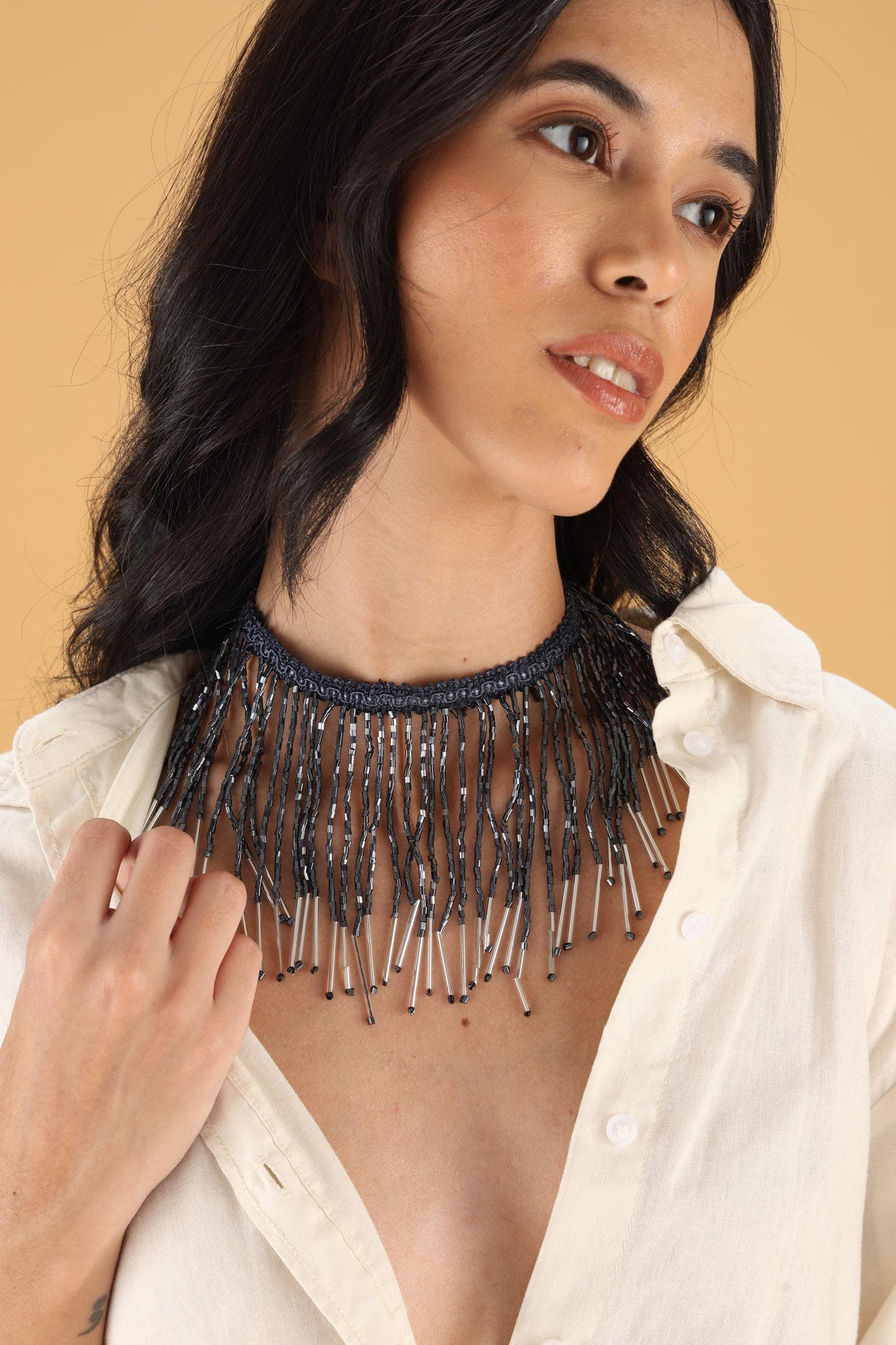 Beaded Tassel Choker Necklace Midnight Blue Crystal Statement Jewelry – Handmade Boho Festival & Evening Wear Accessory
