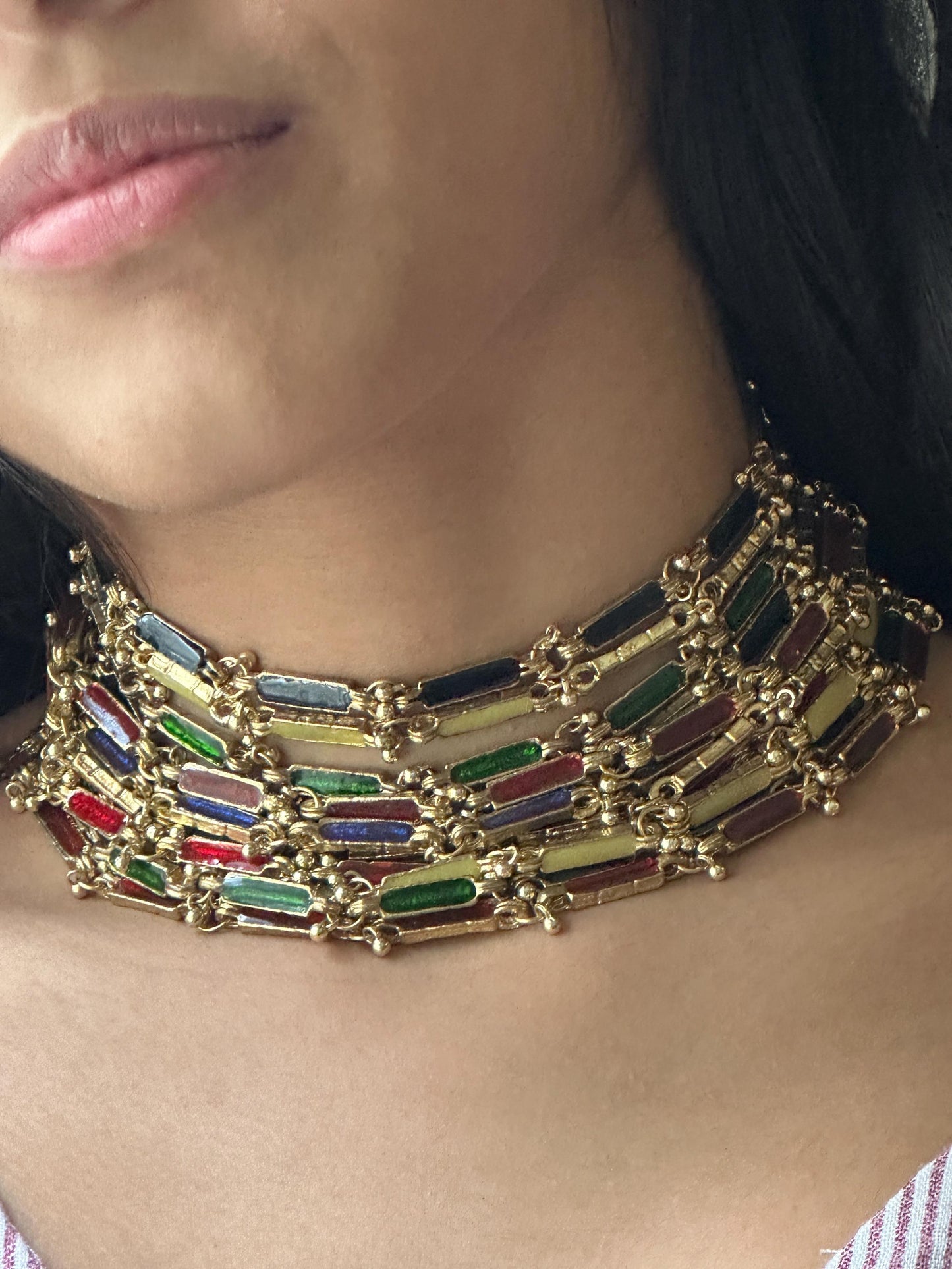 Handmade Multi-Color Enamel Choker Necklace Gold-Plated Festive Statement Jewelry Unique Artisan Gift for Her Indian Ethnic Wedding Jewelry