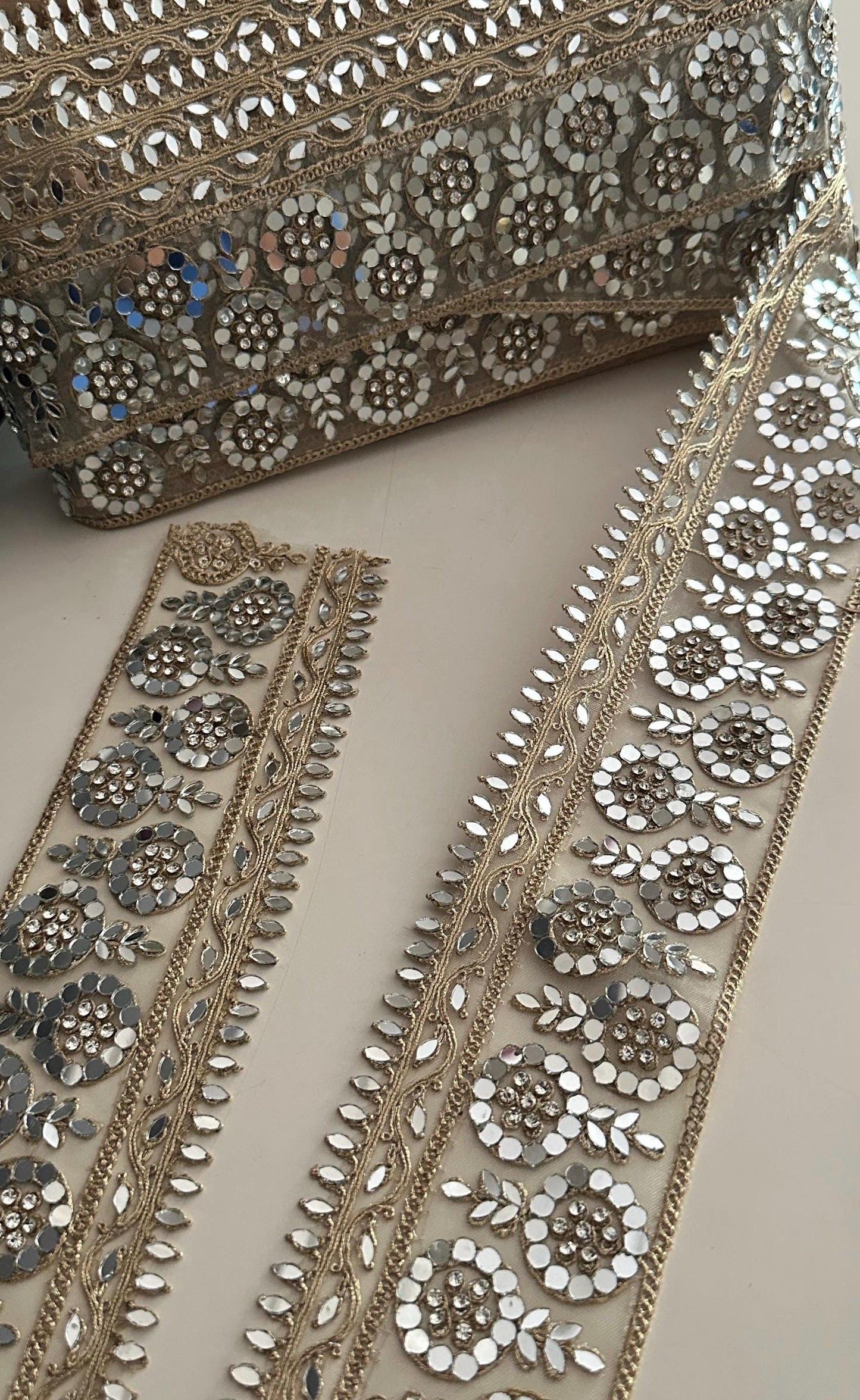 Mirror Work Embroidered Lace Trim Gold Zari Floral Border Ribbon for Saree Dress Costume Wedding Veil Decor Indian Craft Trim by the Yard