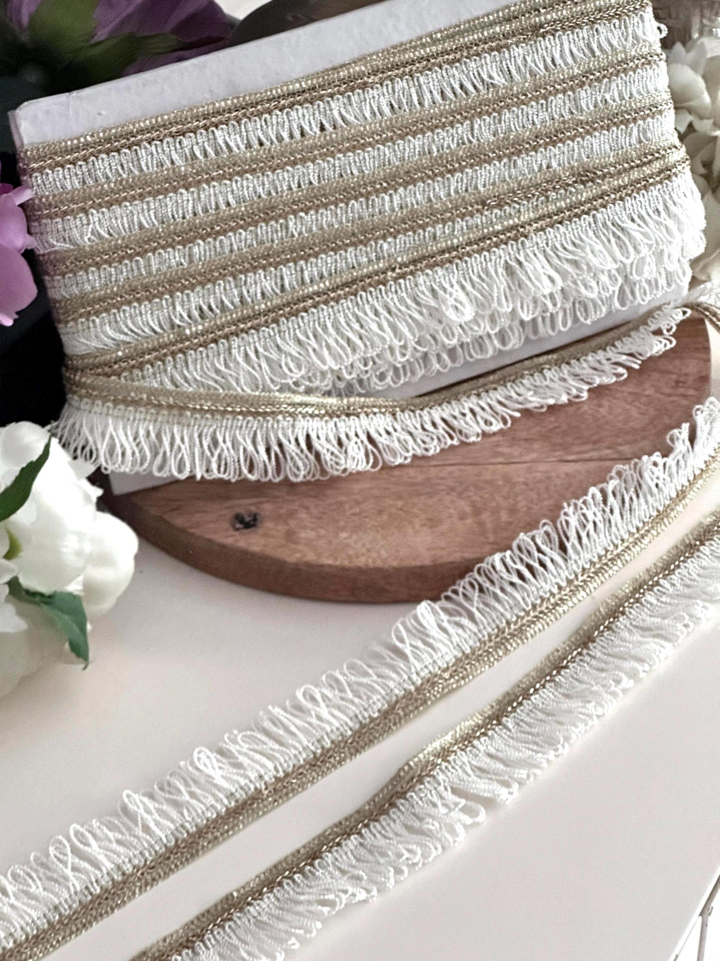 White & Gold boho Fringe Trim Loop Ribbon Metallic Curtain Edging Lace
