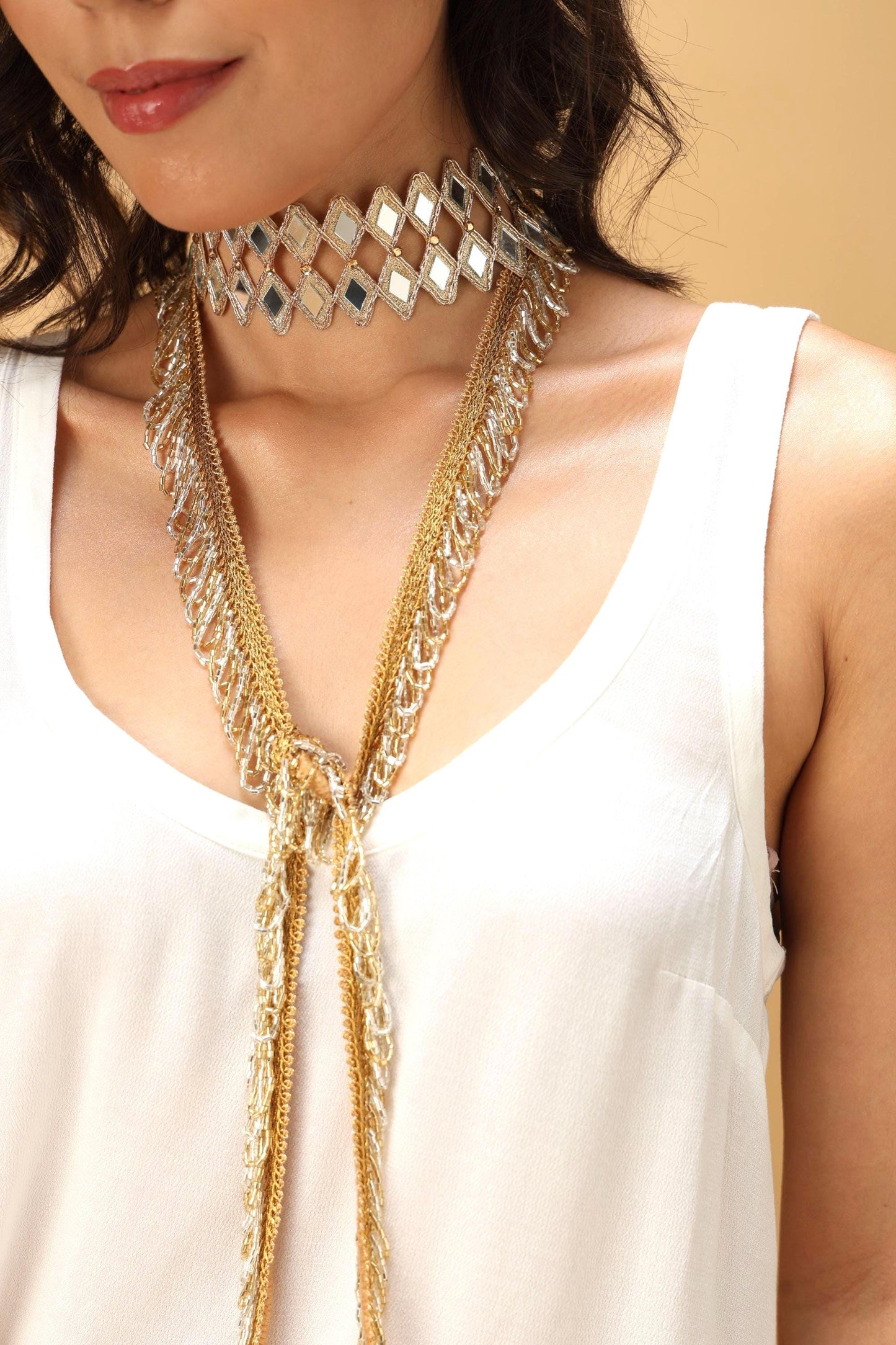 Gold Beaded Neck Tie Lace Statement Jewelry Scarf Necklace Boho Glam Layered Choker Accessory Bold Jewelry