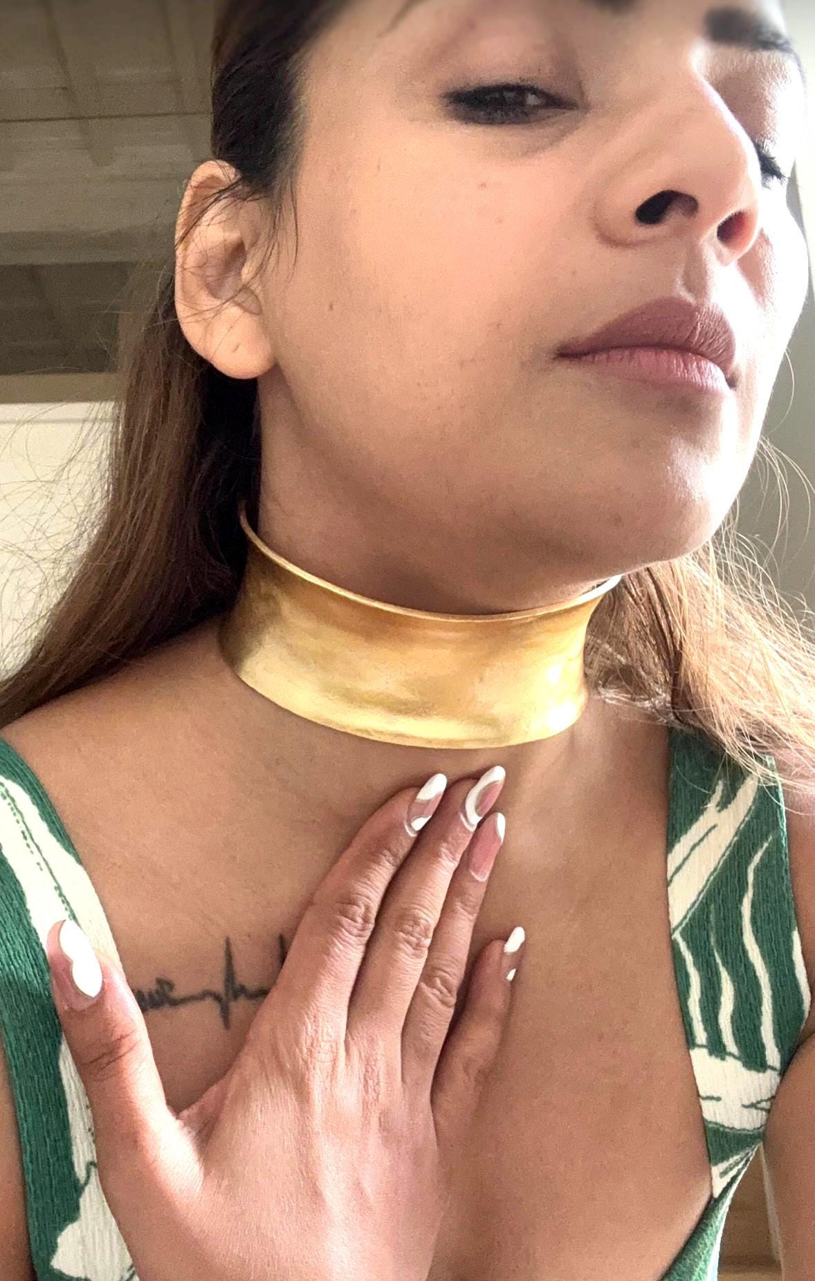 Bold Gold Metal Choker Necklace Adjustable Statement Wide Collar High Shine Brass Choker Power Jewelry for Women Afro-Futurist Neckpiec
