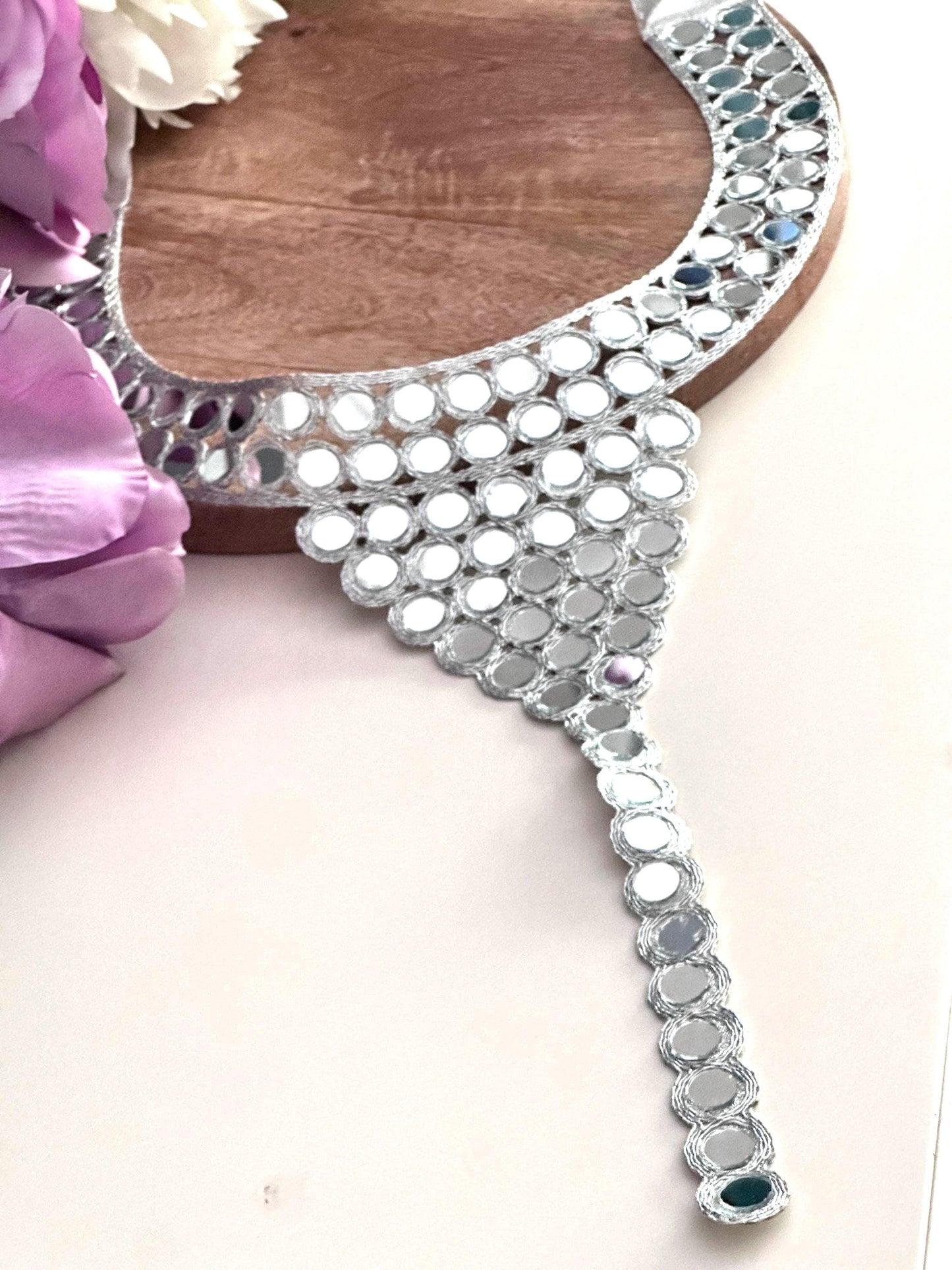Hand Embroidered Mirror Work Neck Applique Boho Silver & Gold Body Jewelry Yoke Patch Mirror Crystal Embellishment for Dress Gown Costume