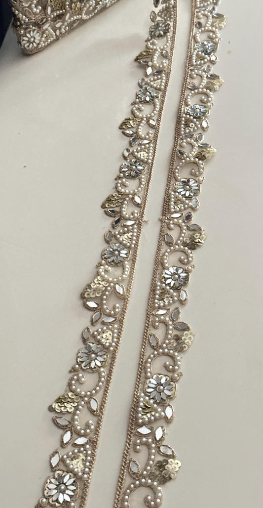 Gold Mirror Lace Trim with Pearls Floral Sequin