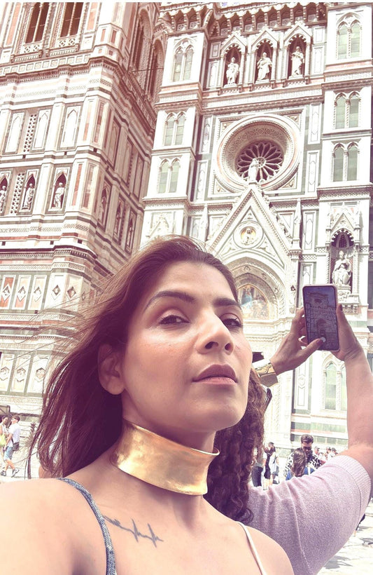 Bold Gold Metal Choker Necklace Adjustable Statement