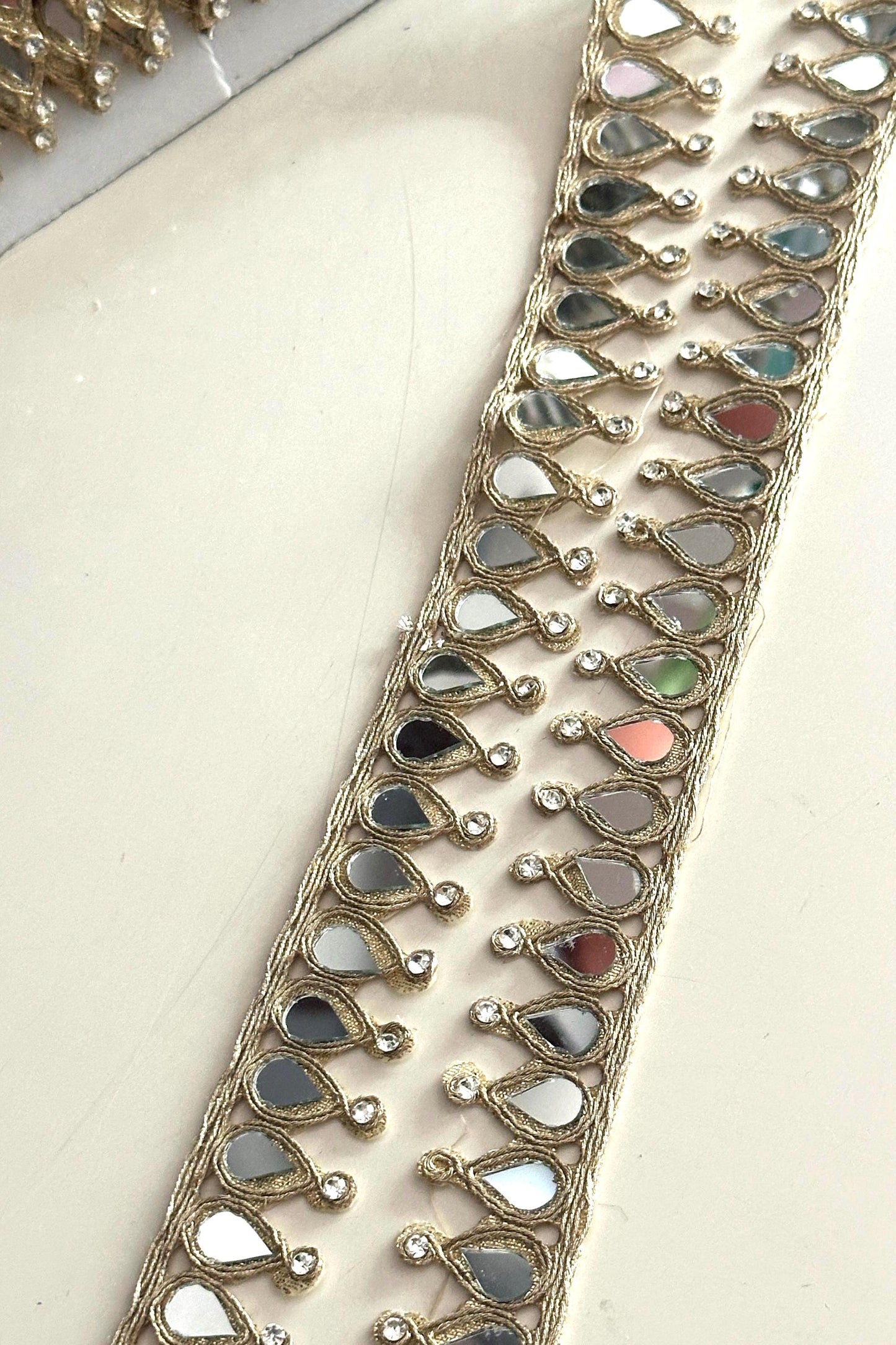 Mirror Rhinestone Lace Trim for Blouse, Saree, Lehenga Dupatta Golden Embroidered Border for Dressmaking DIY & Bridal Decor