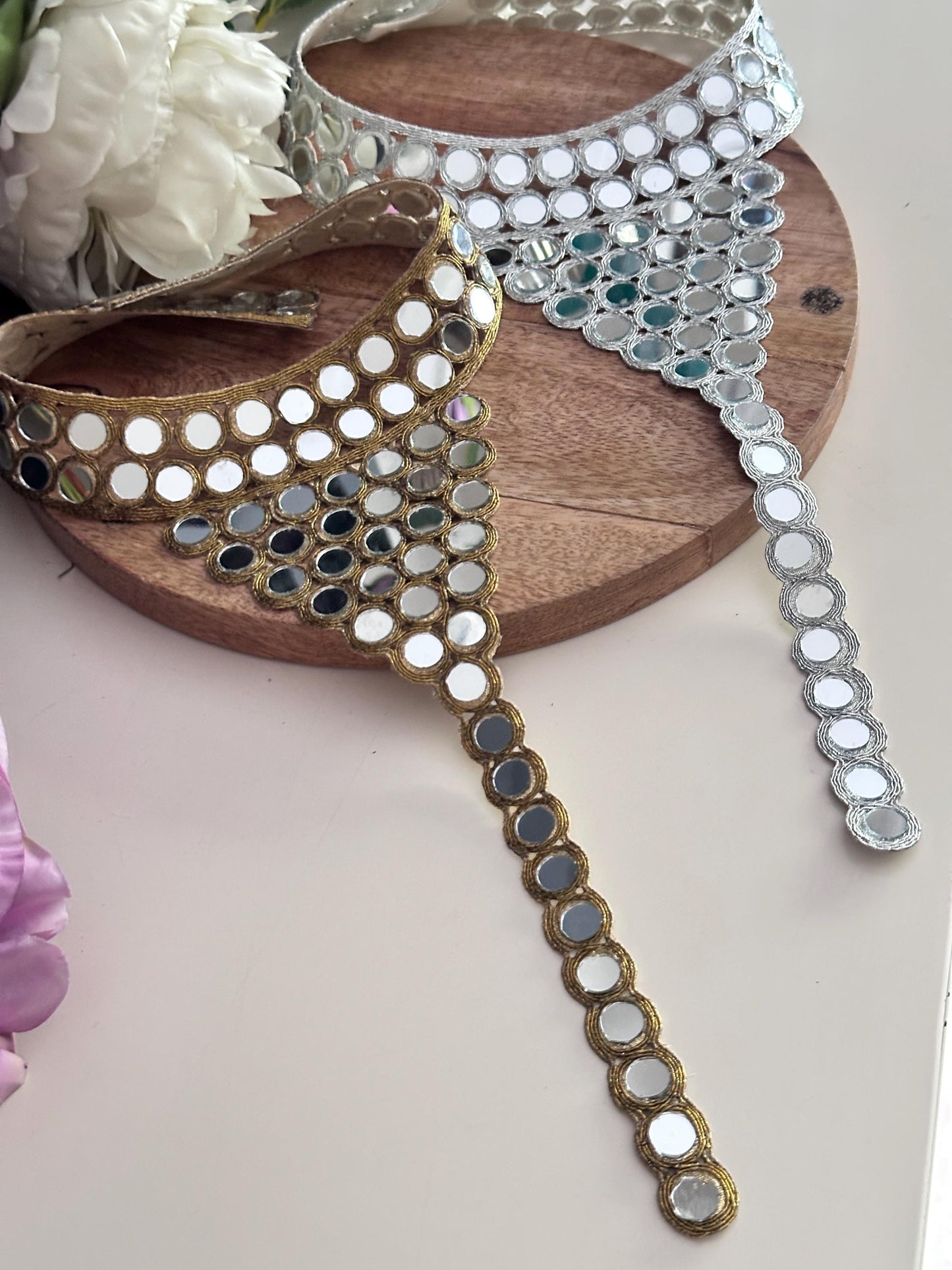 Hand Embroidered Mirror Work Neck Applique Boho Silver & Gold Body Jewelry Yoke Patch Mirror Crystal Embellishment for Dress Gown Costume