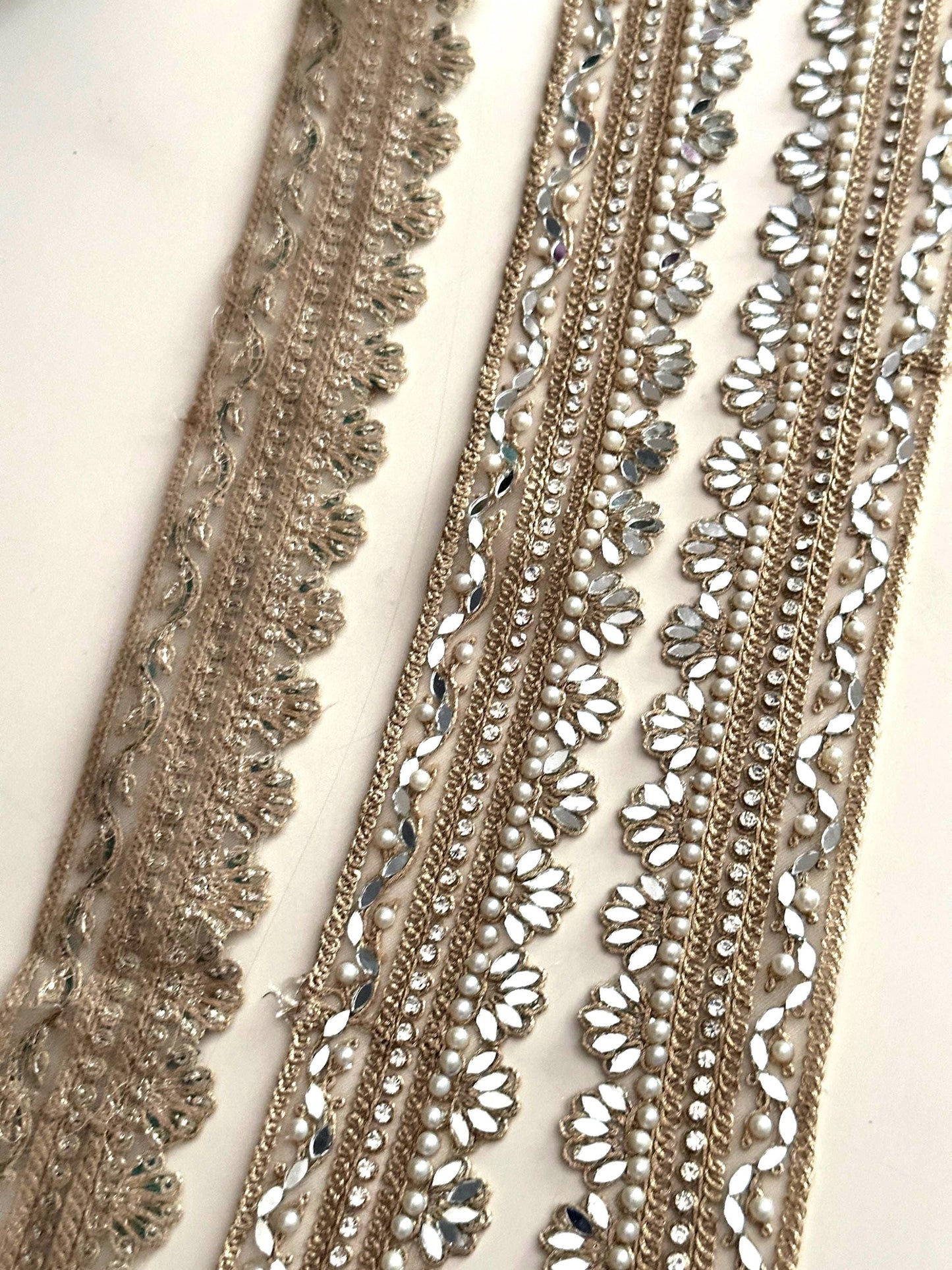 Floral Mirror Pearl Lace Trim Zircon Rhinestone Thin Embroidered Gold Border for Jewelry Costume Veils & Blouses 1 Inch Craft Ribbon India